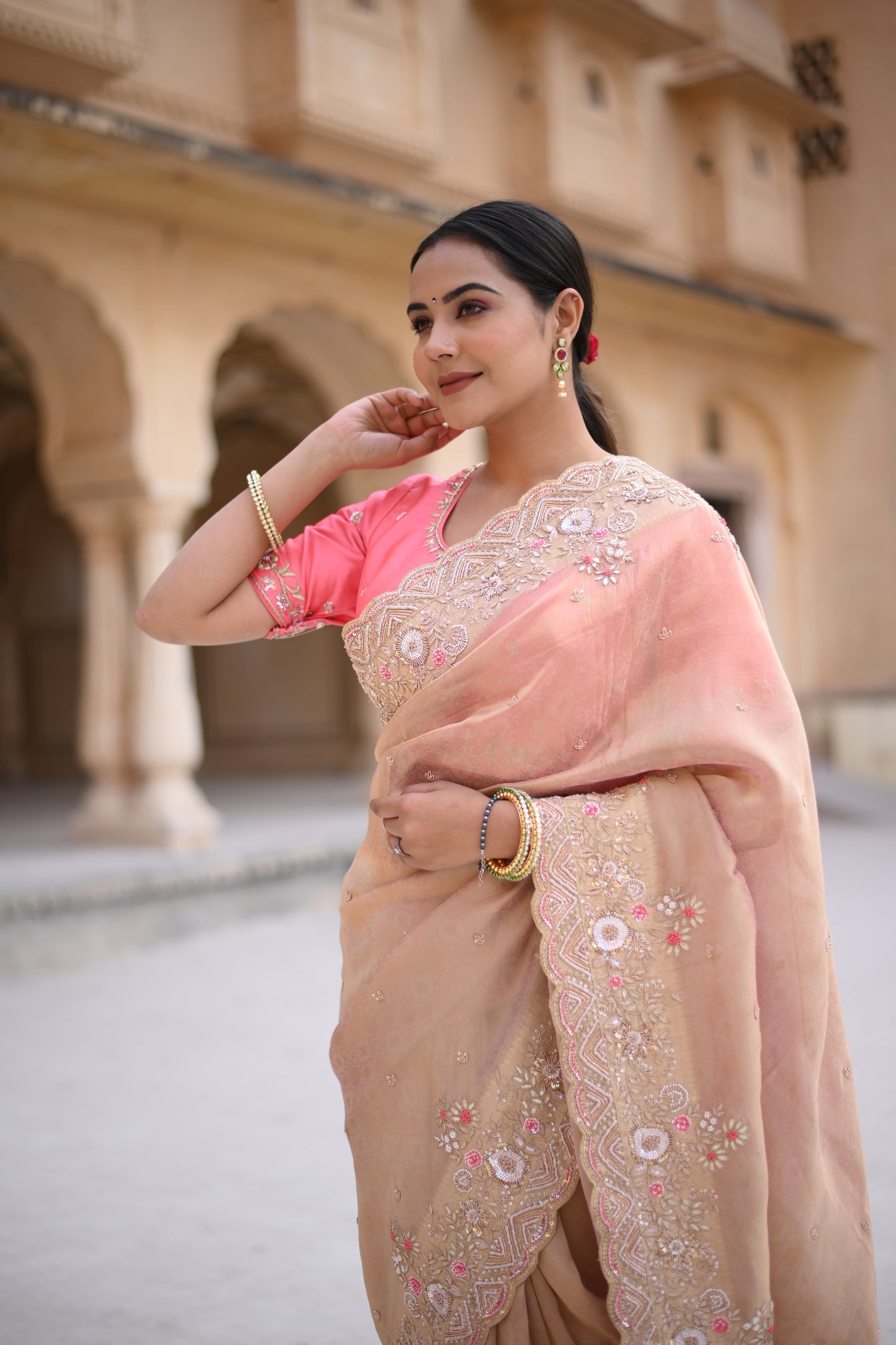 Rose Gold Banarasi Woven Hand Work Saree