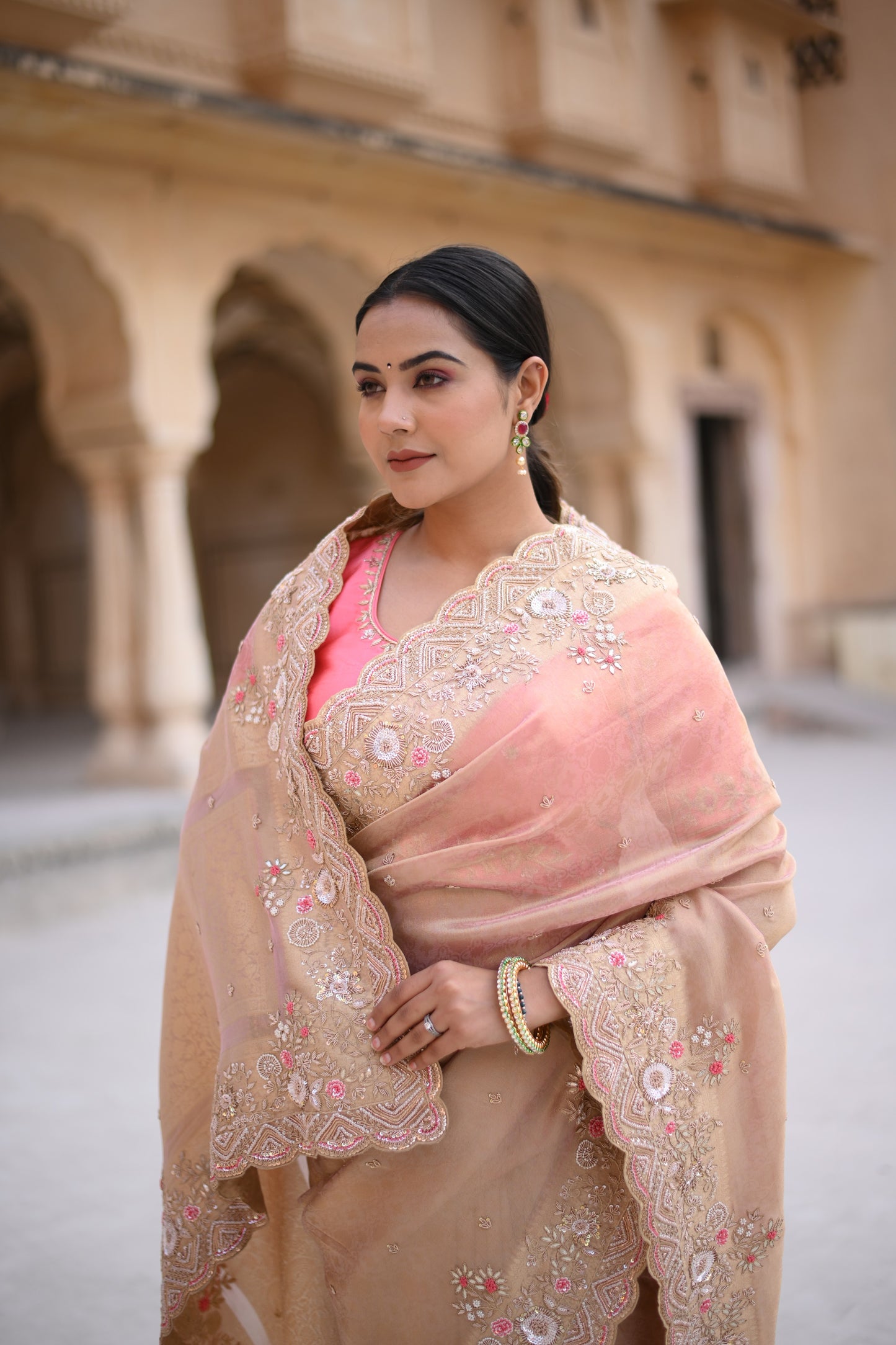 Rose Gold Banarasi Woven Hand Work Saree