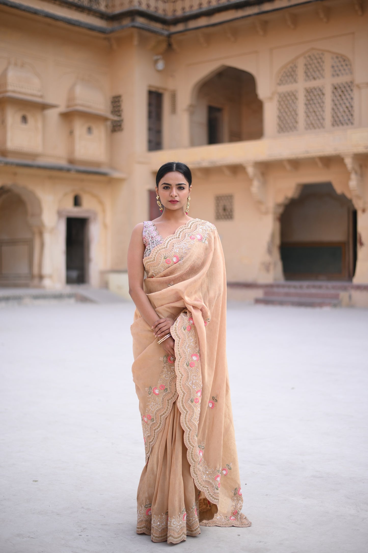 Rose Gold Shimer Organza Banarasi Saree With Embellishment
