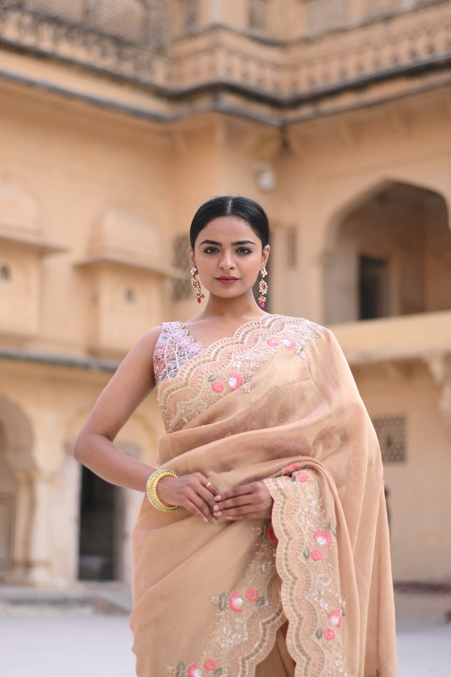 Rose Gold Shimer Organza Banarasi Saree With Embellishment