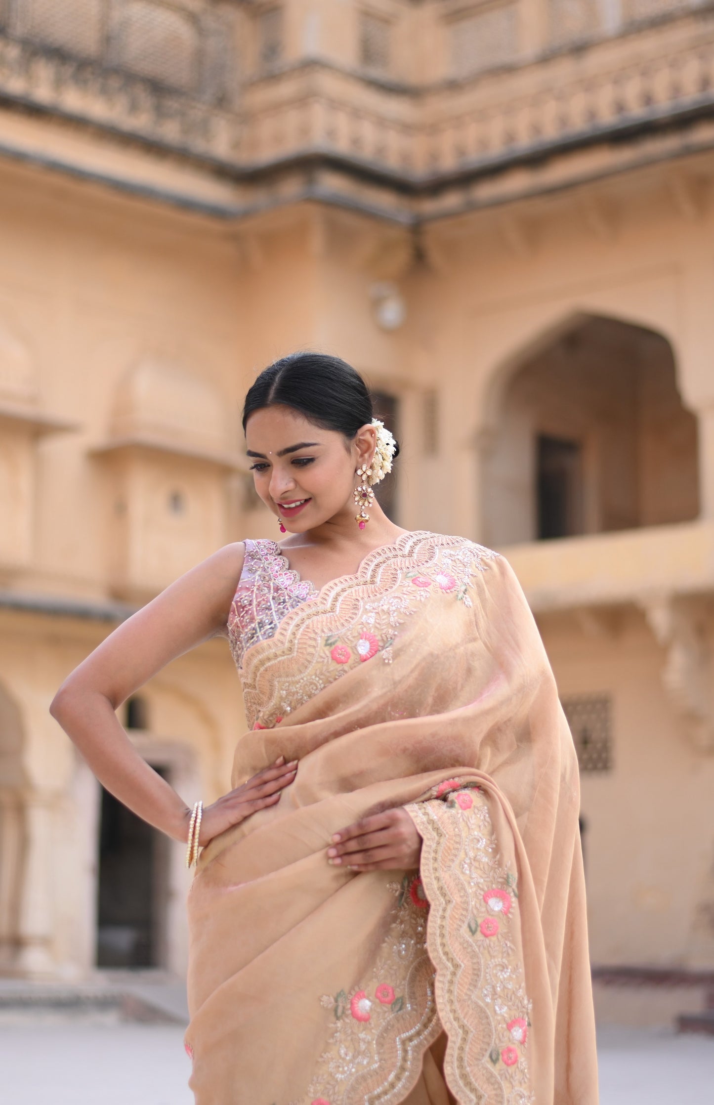 Rose Gold Shimer Organza Banarasi Saree With Embellishment