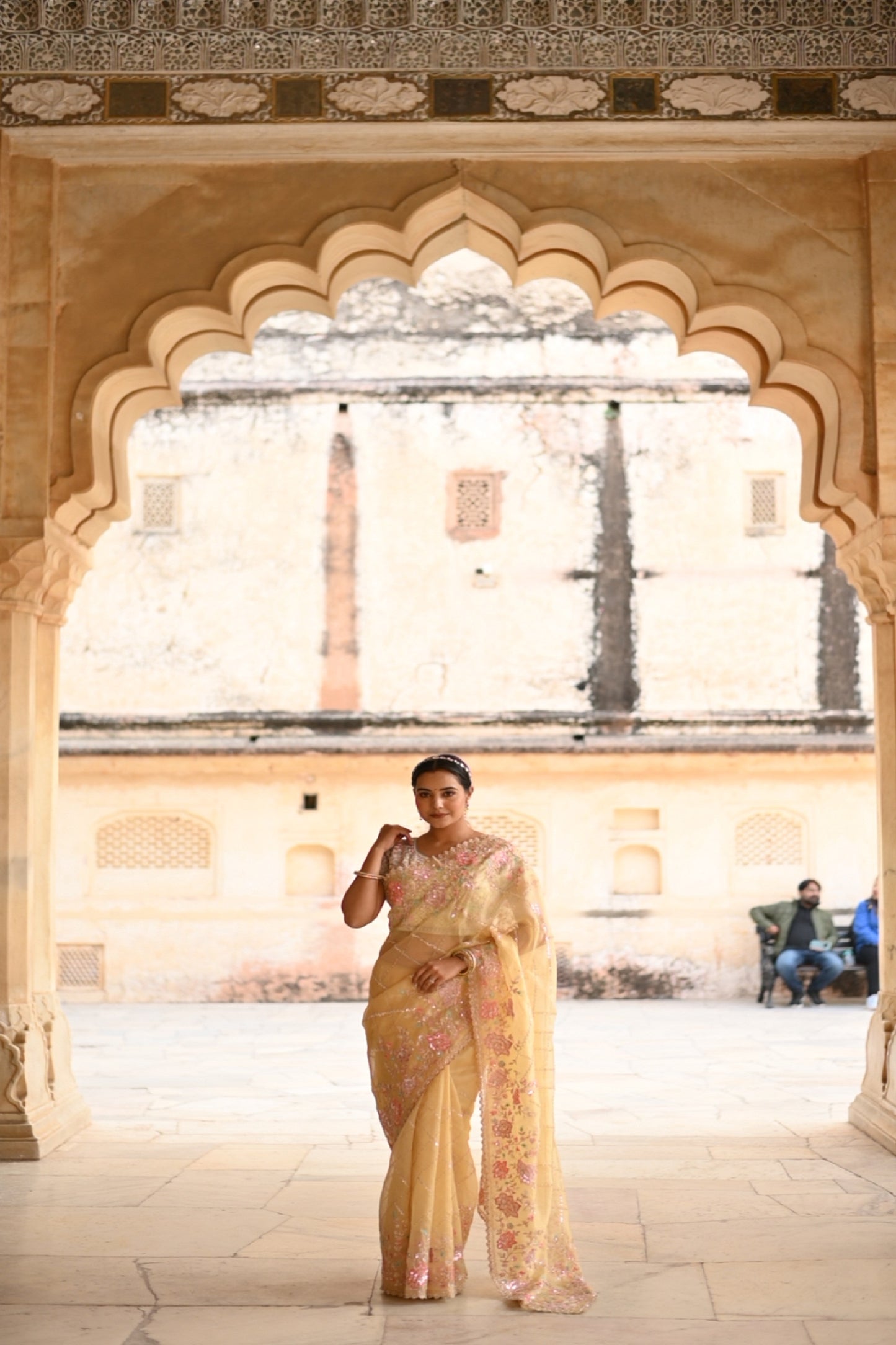 Daffodil Yellow Silk Organza Saree In hand Work