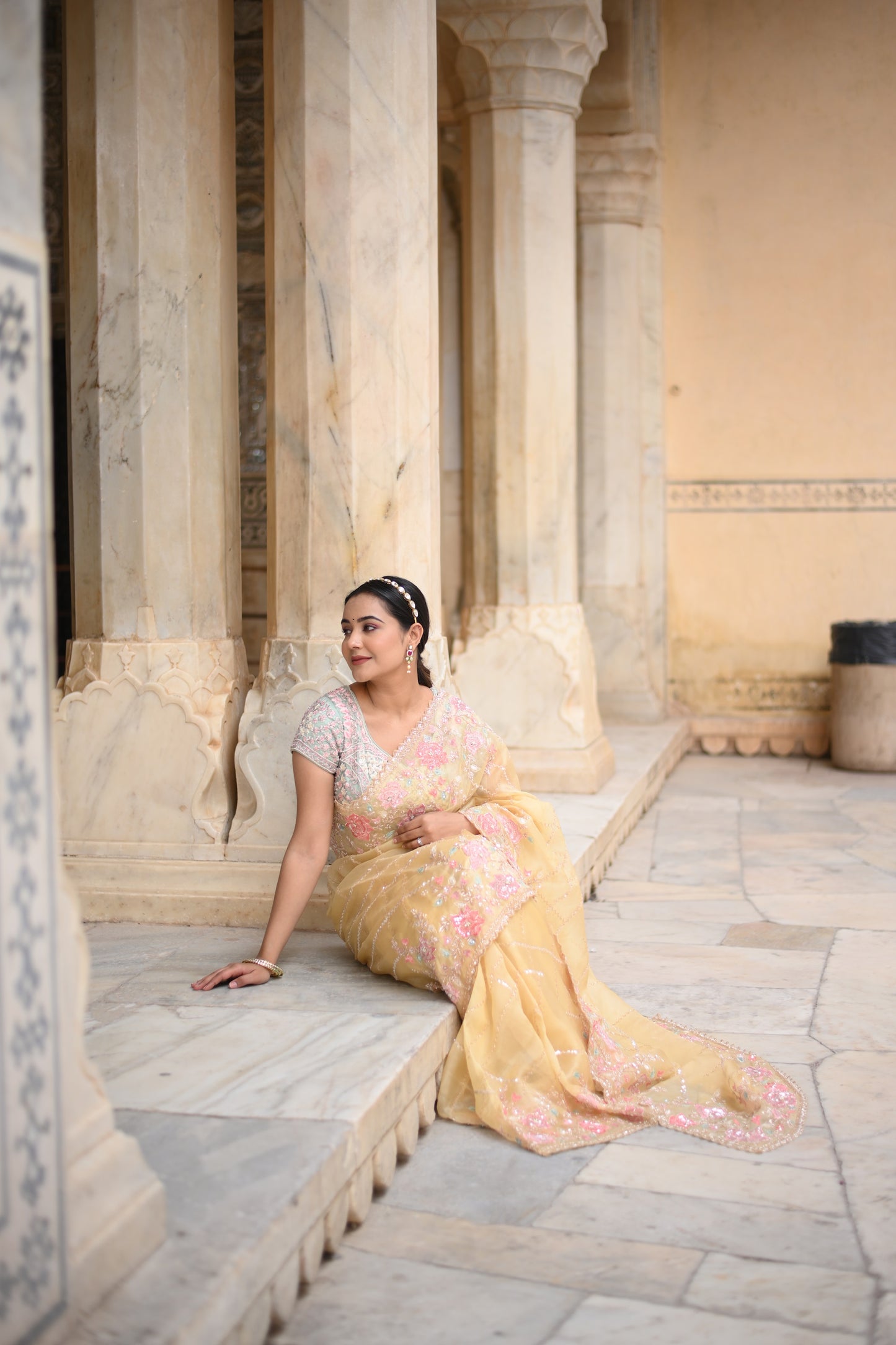 Daffodil Yellow Silk Organza Saree In hand Work