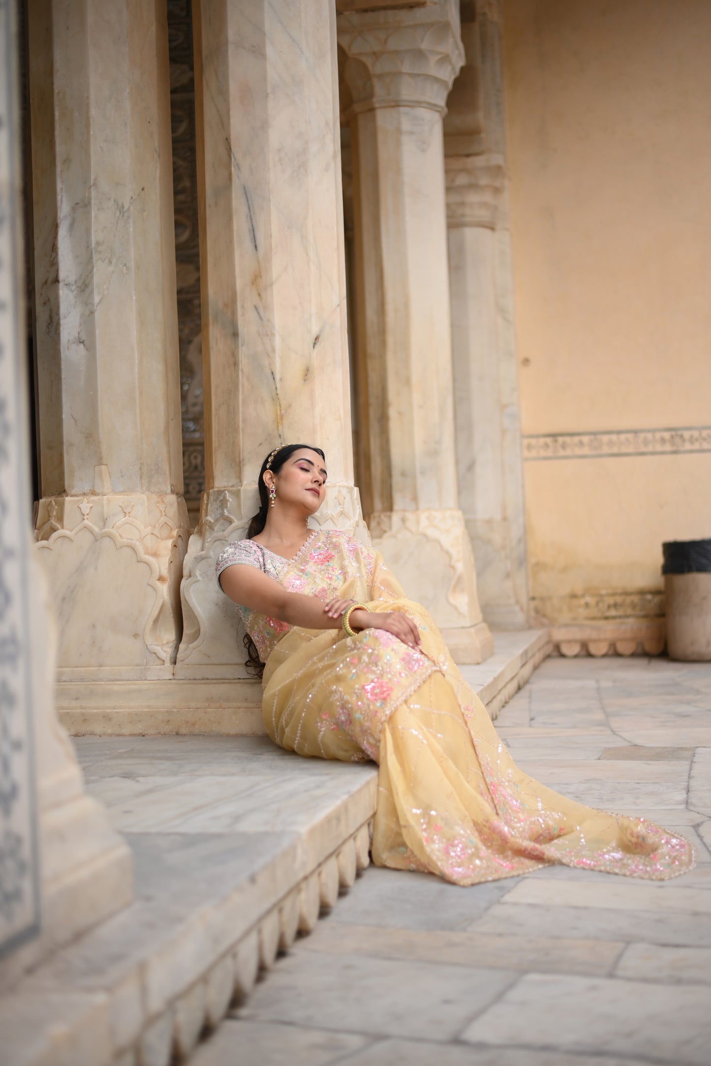 Daffodil Yellow Silk Organza Saree In hand Work