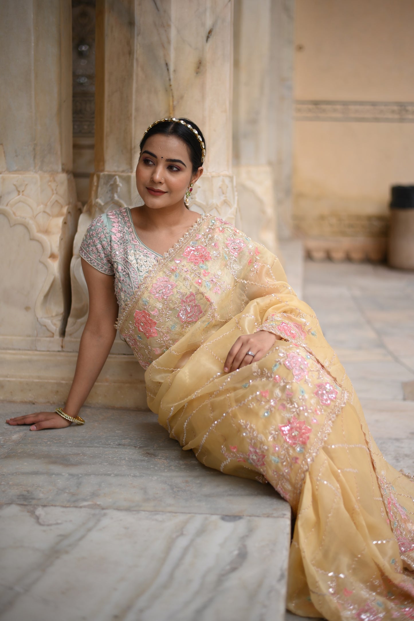 Daffodil Yellow Silk Organza Saree In hand Work