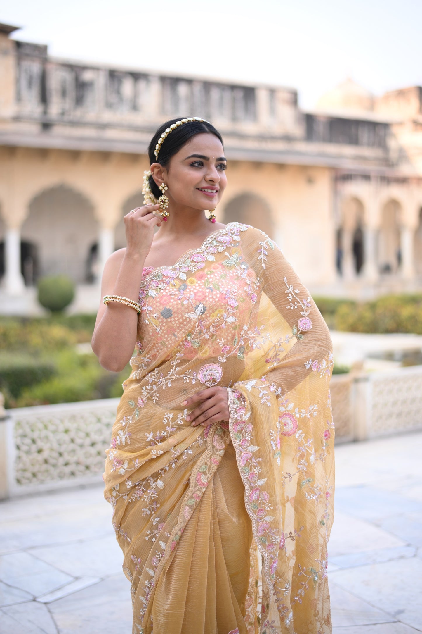 Dandelion Yellow Crush Tissue Silk Saree