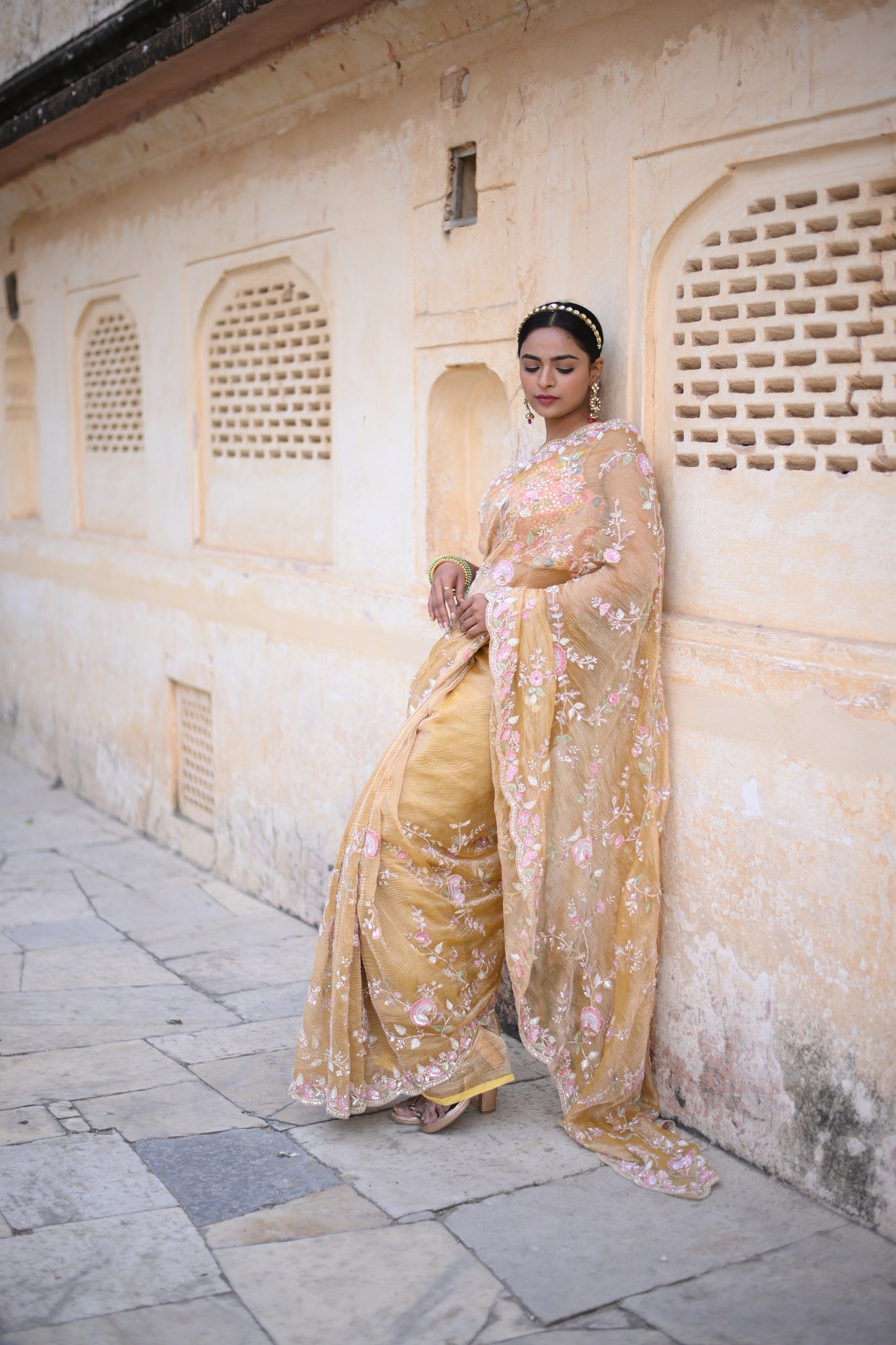 Dandelion Yellow Crush Tissue Silk Saree