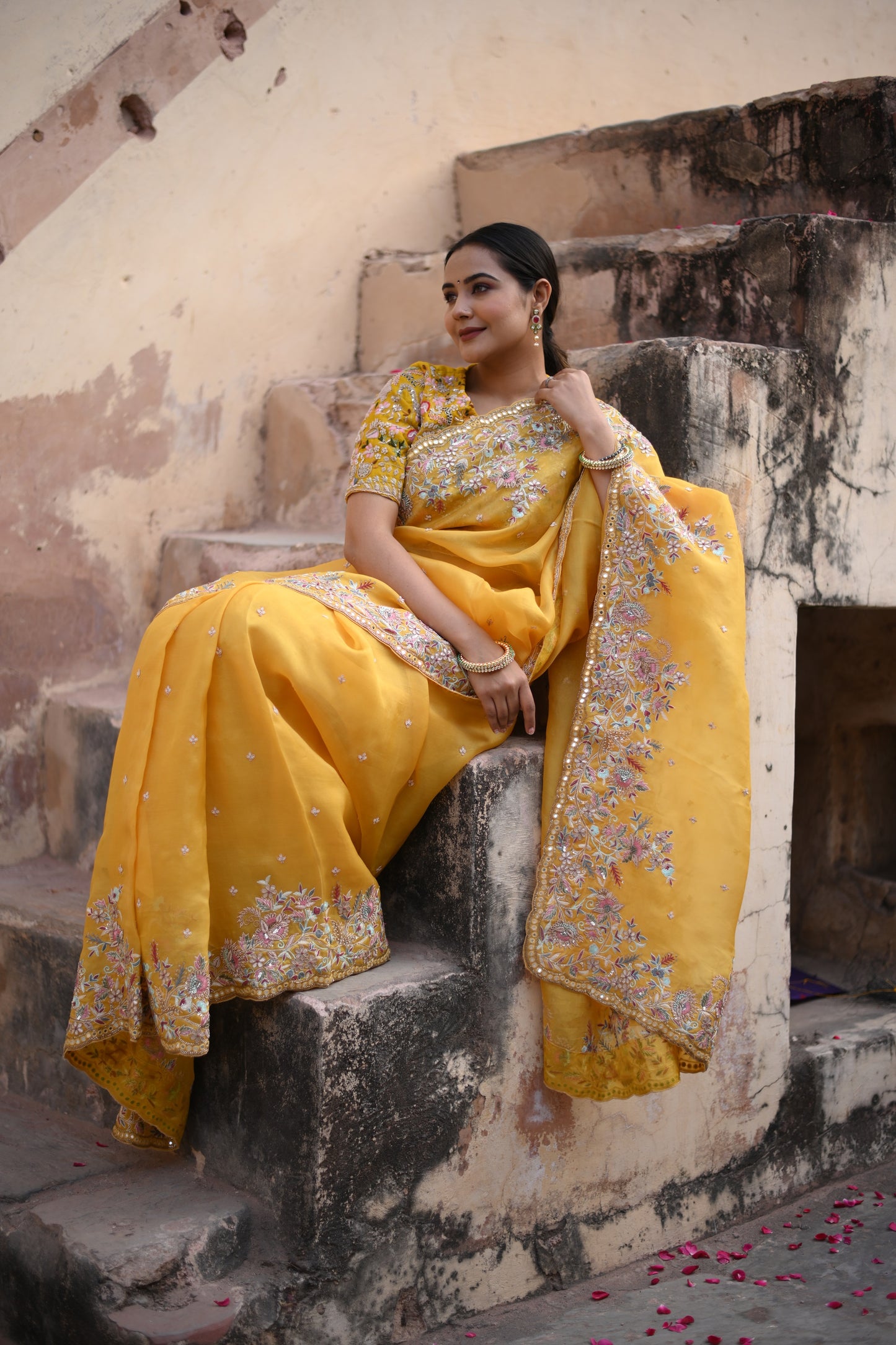 Cyber Yellow Pure Organza Rashem Work Saree