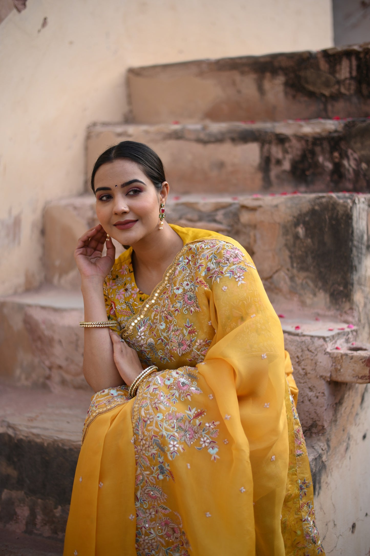 Cyber Yellow Pure Organza Rashem Work Saree