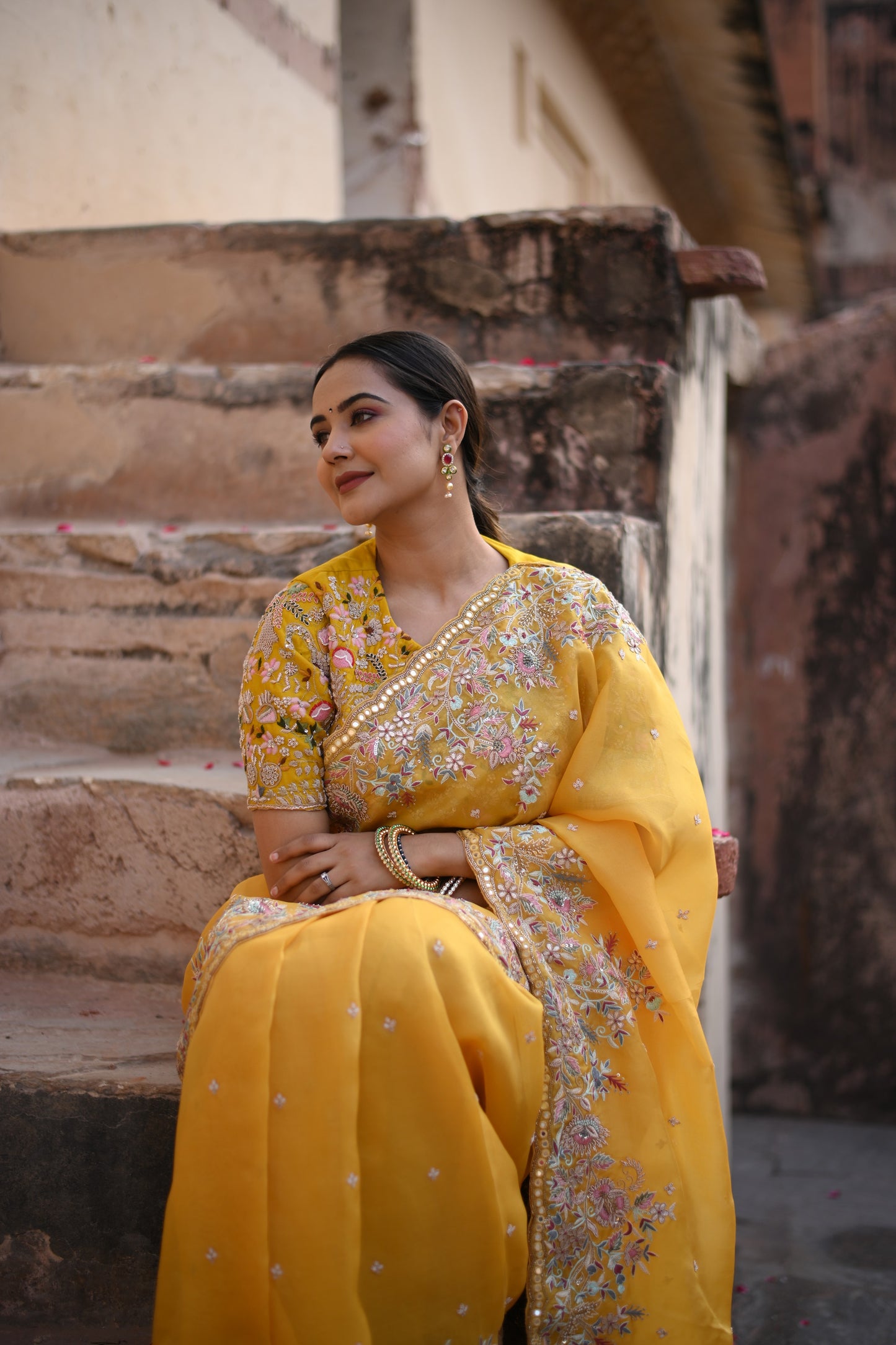 Cyber Yellow Pure Organza Rashem Work Saree
