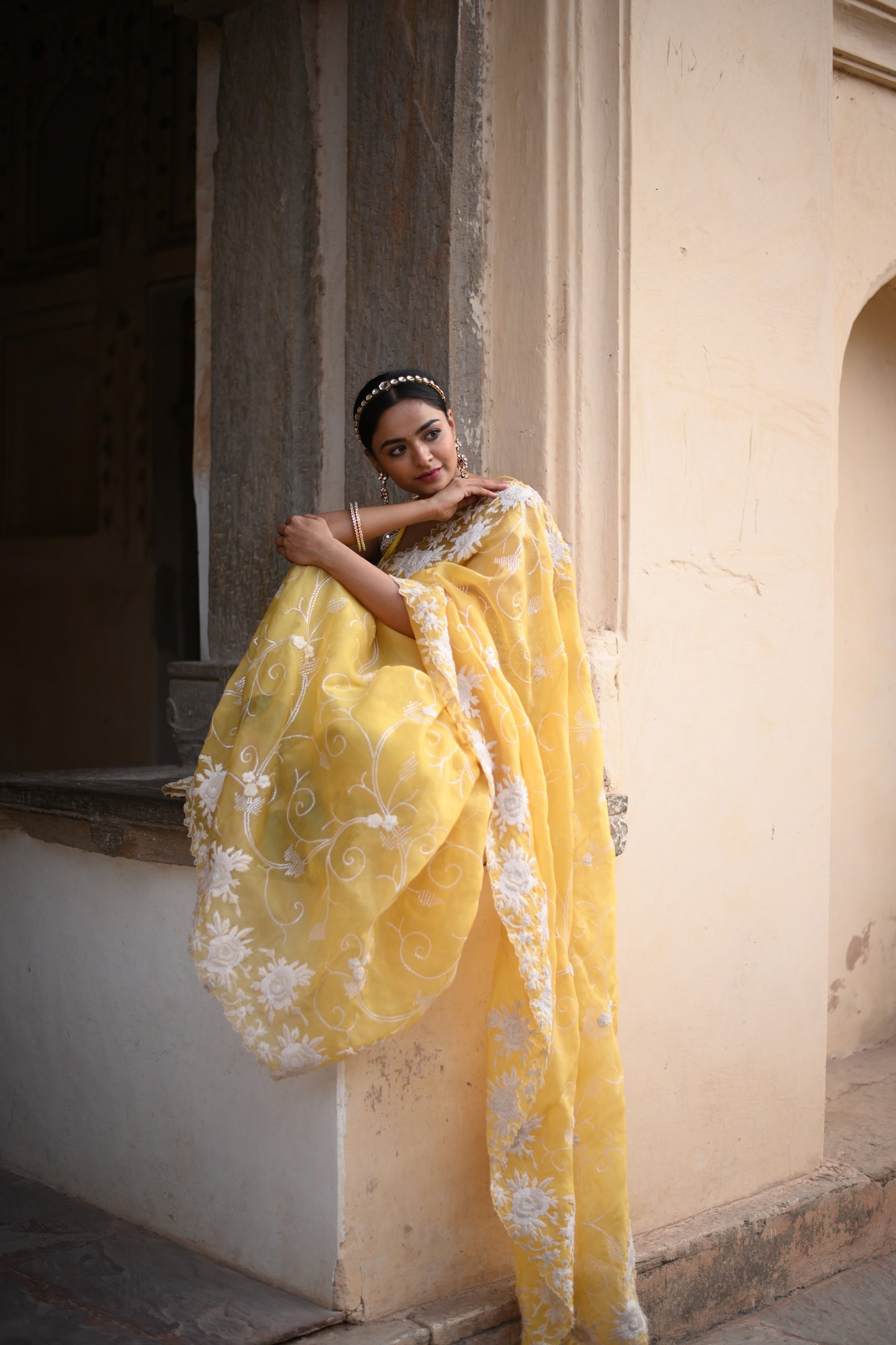 Blond Yellow Orgenza Saree With Chikankari Hand Work