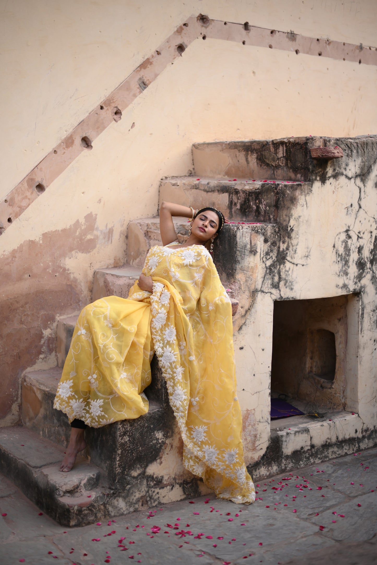 Blond Yellow Orgenza Saree With Chikankari Hand Work