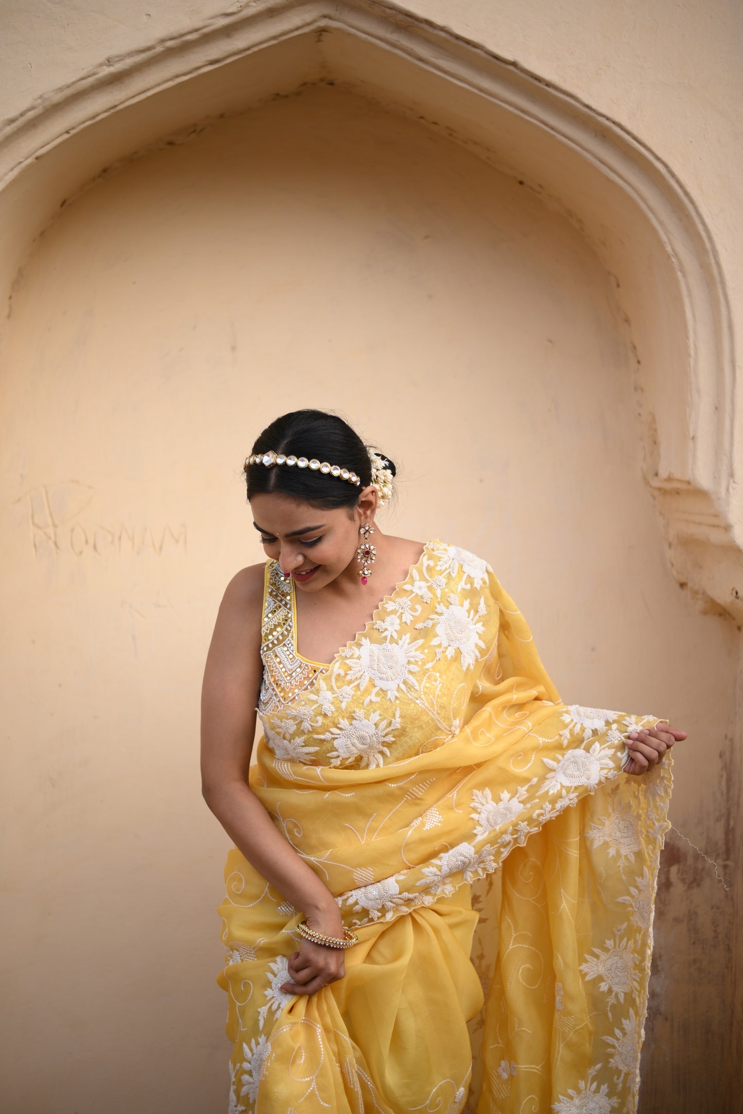 Blond Yellow Orgenza Saree With Chikankari Hand Work