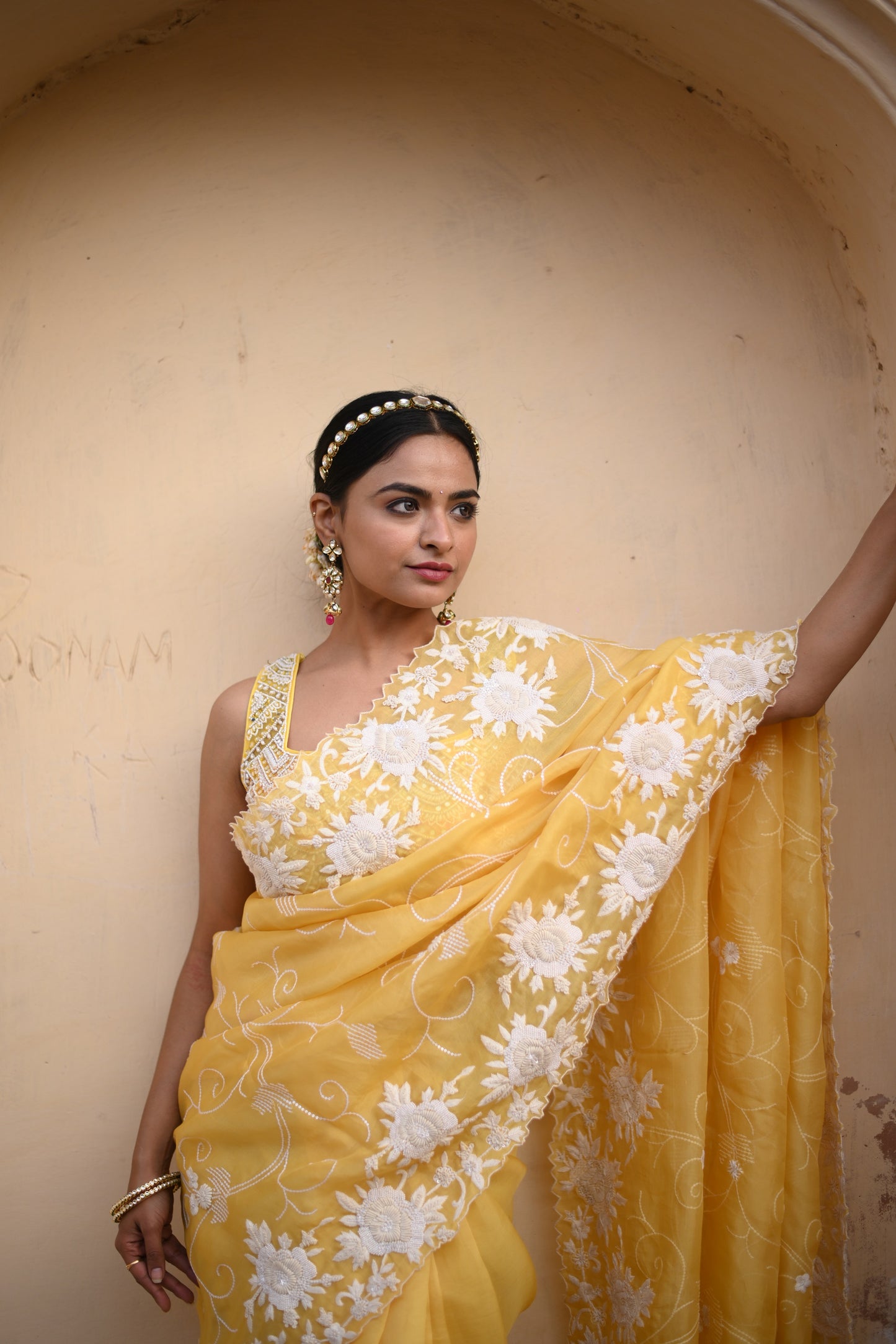 Blond Yellow Orgenza Saree With Chikankari Hand Work