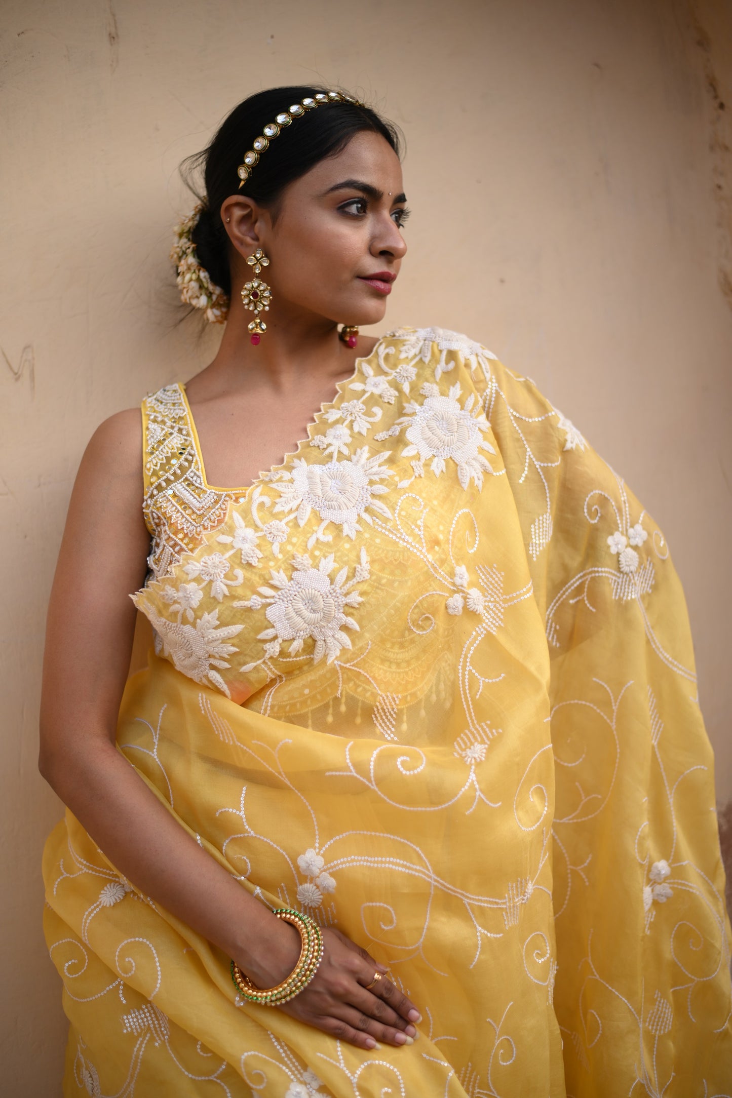 Blond Yellow Orgenza Saree With Chikankari Hand Work