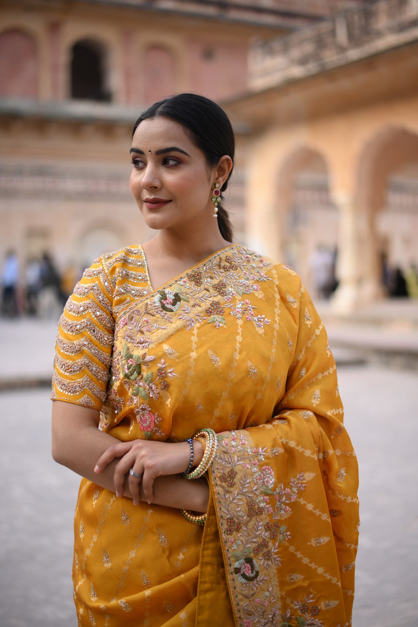 Crome Yellow Banarasi Woven And Embellished Saree