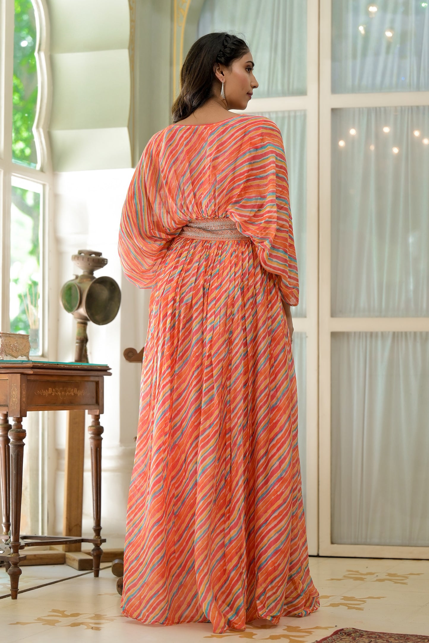 Georgette Multi Colored Wrinkled Long Dress
