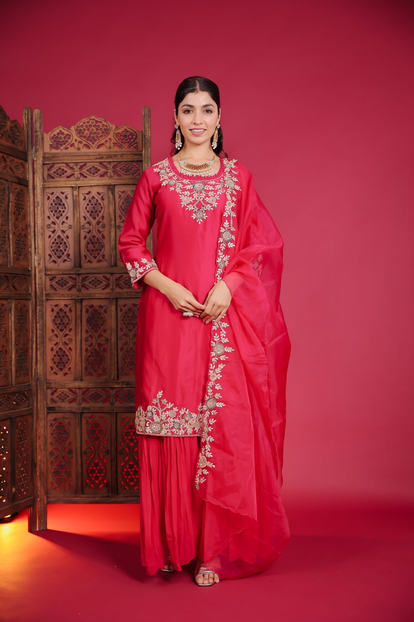 Rani Pink Embellished Kurta With Palazzo And Dupatta