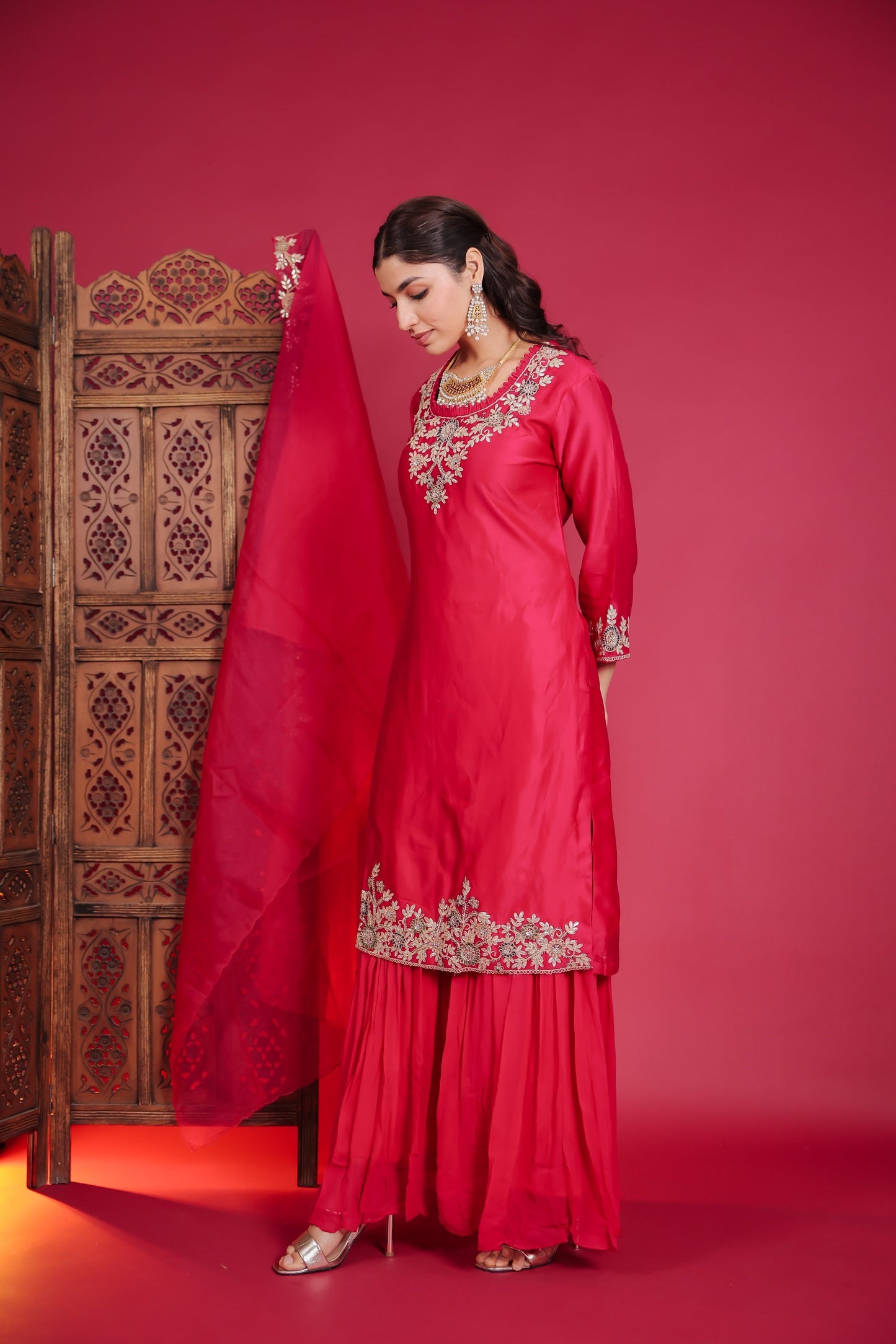Rani Pink Embellished Kurta With Palazzo And Dupatta