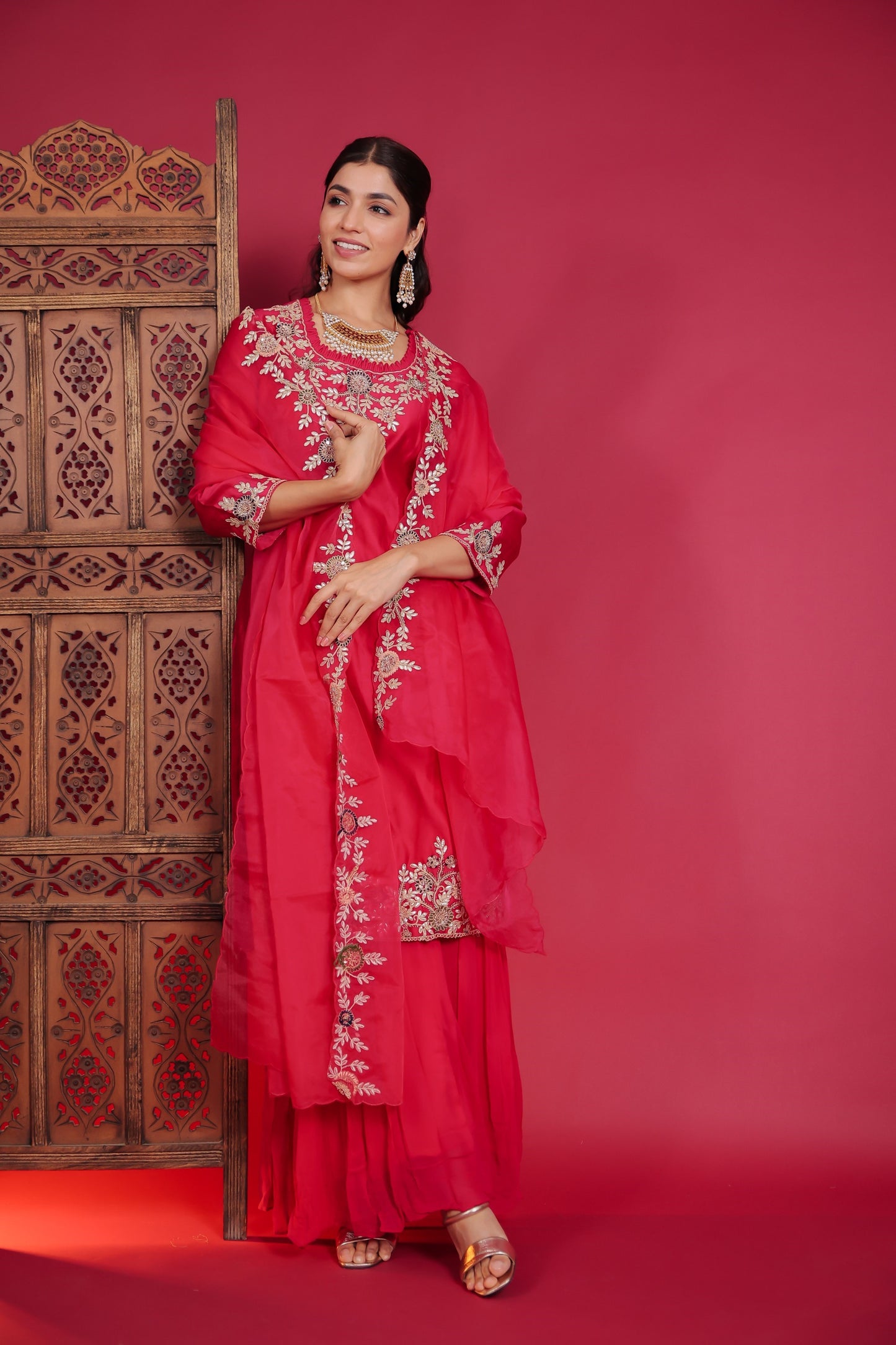 Rani Pink Embellished Kurta With Palazzo And Dupatta