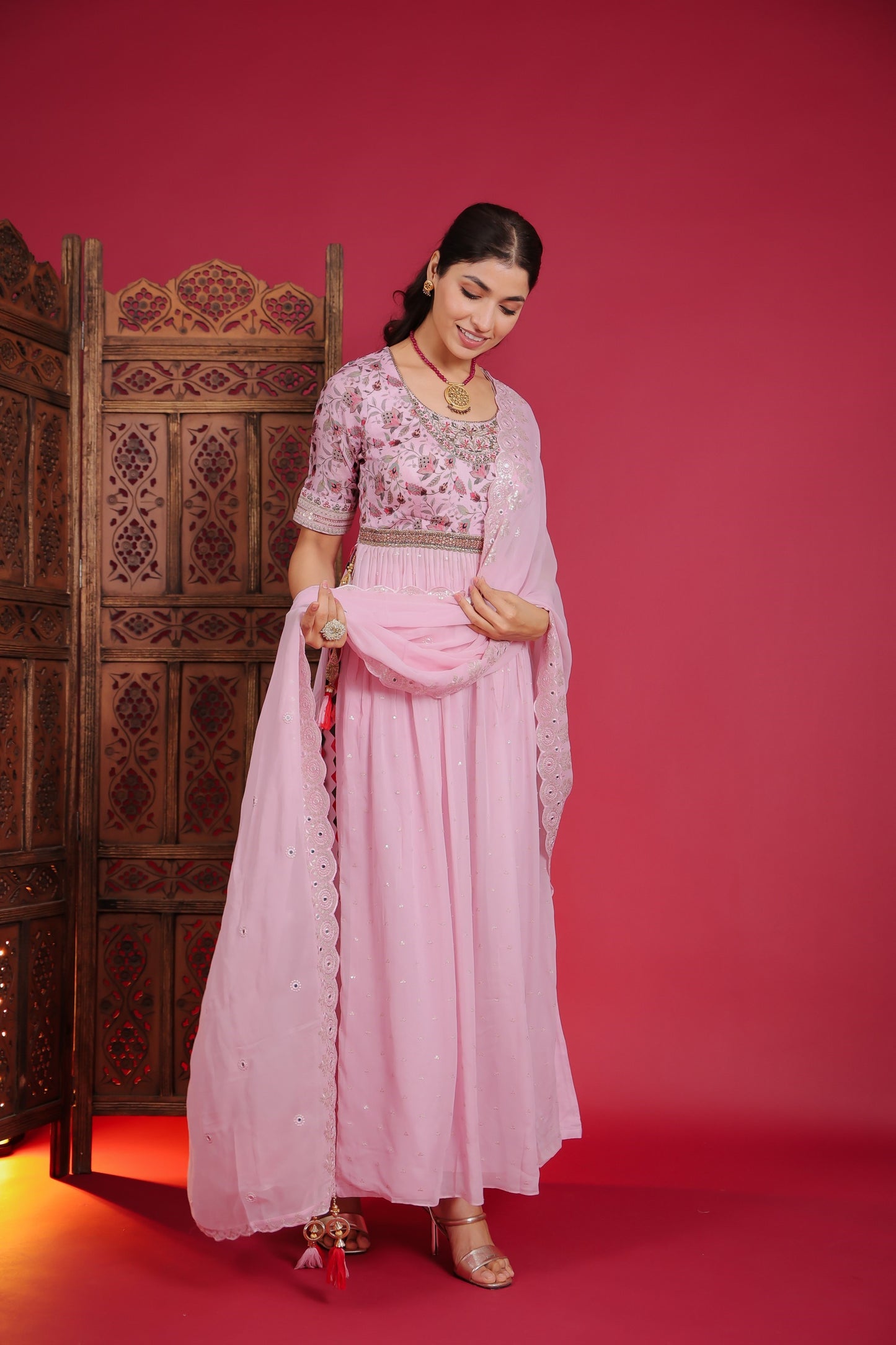 Blush Pink Georgette Side Slit Kurta With Palazzo And Dupatta