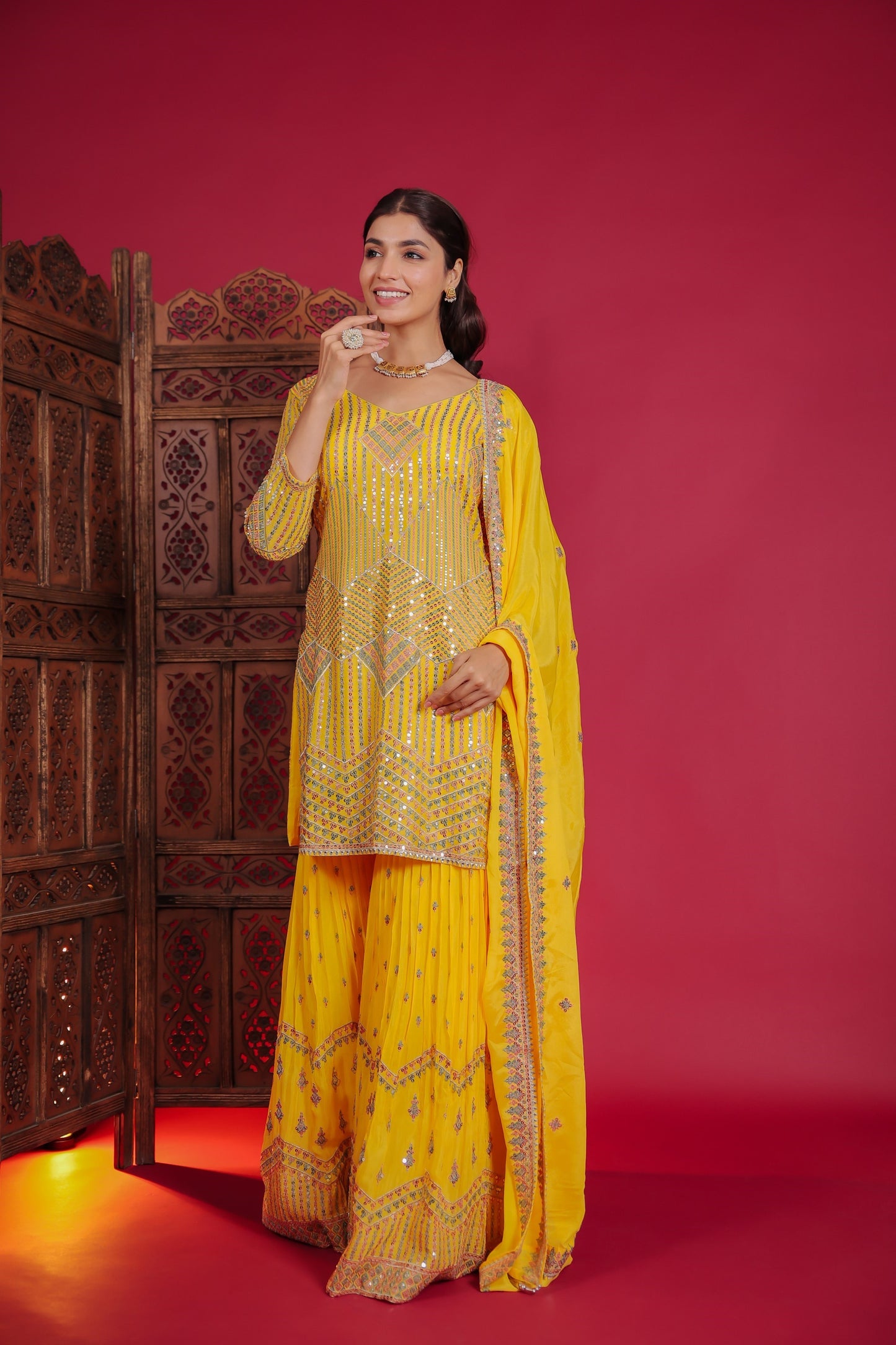Yellow Chinnon Rashem And Sequion Embellished Kurta With Sharara And Dupatta