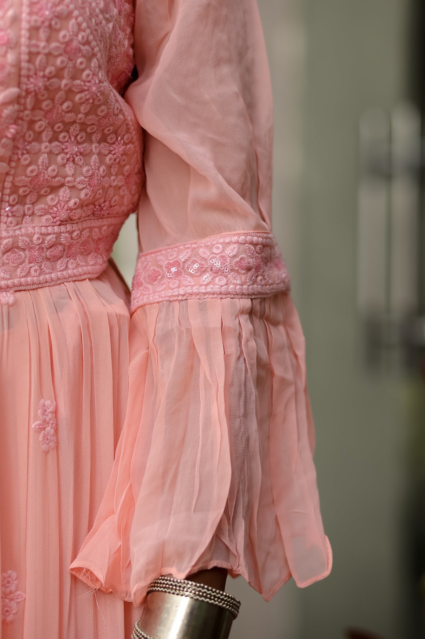 Salmon Pink Embroidered Georgette Kurta With Palazzo And Dupatta