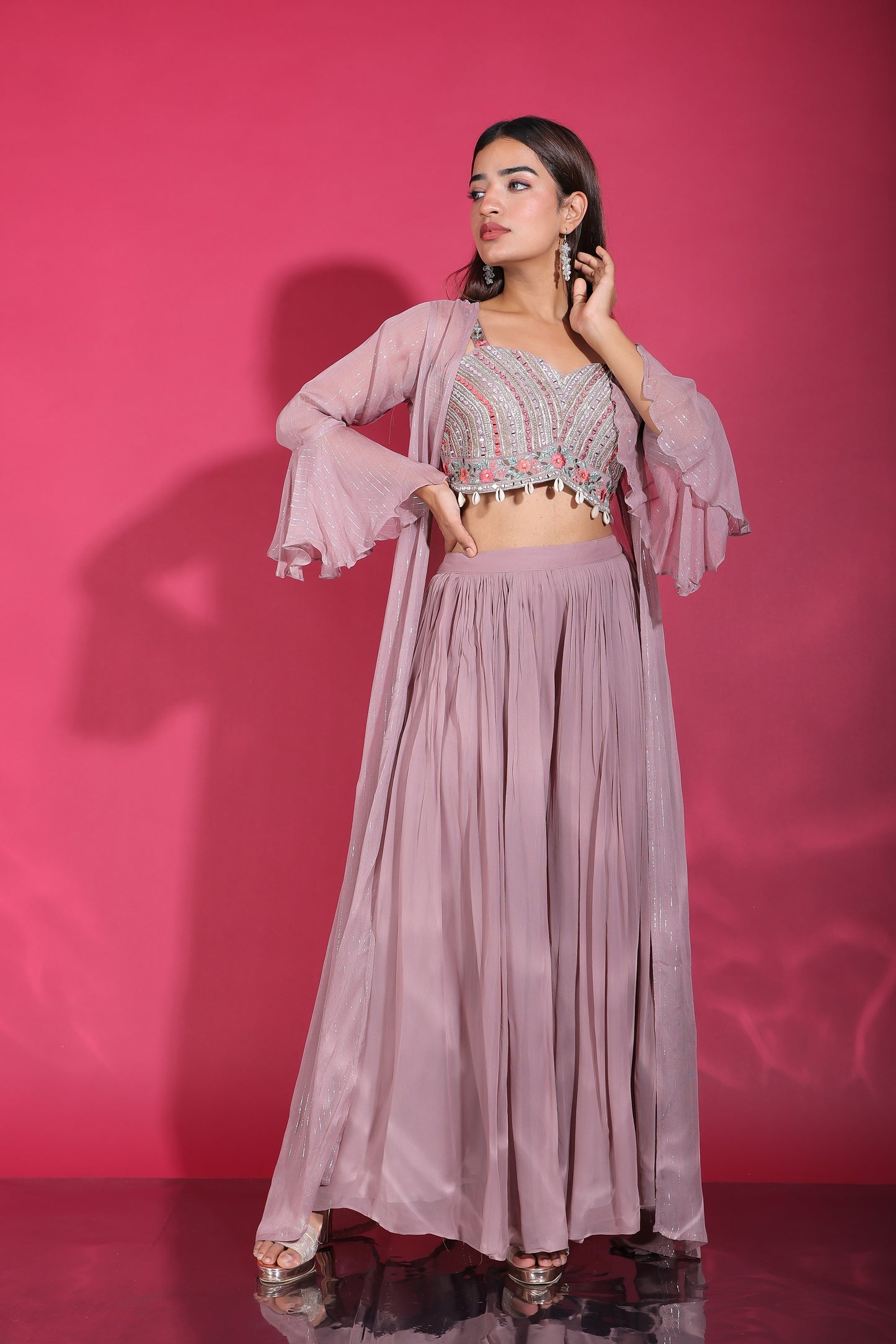 Light Plum Sweetheart Neck Abla Work Crop Top With Palazzo And Long Jacket