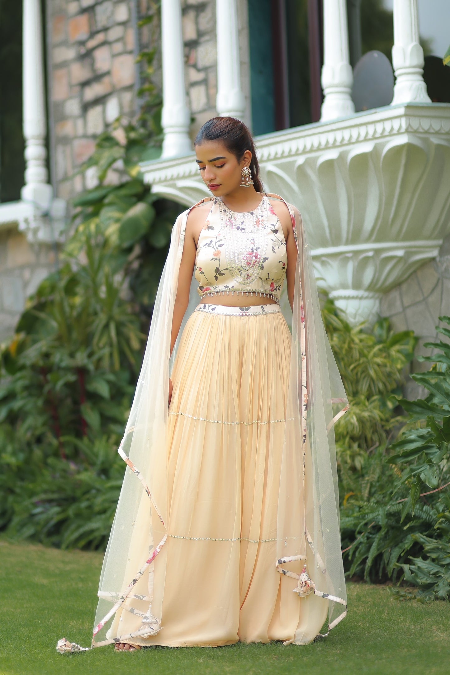 Light Beige Colour Floral Printed Halter Neck Sharara Set