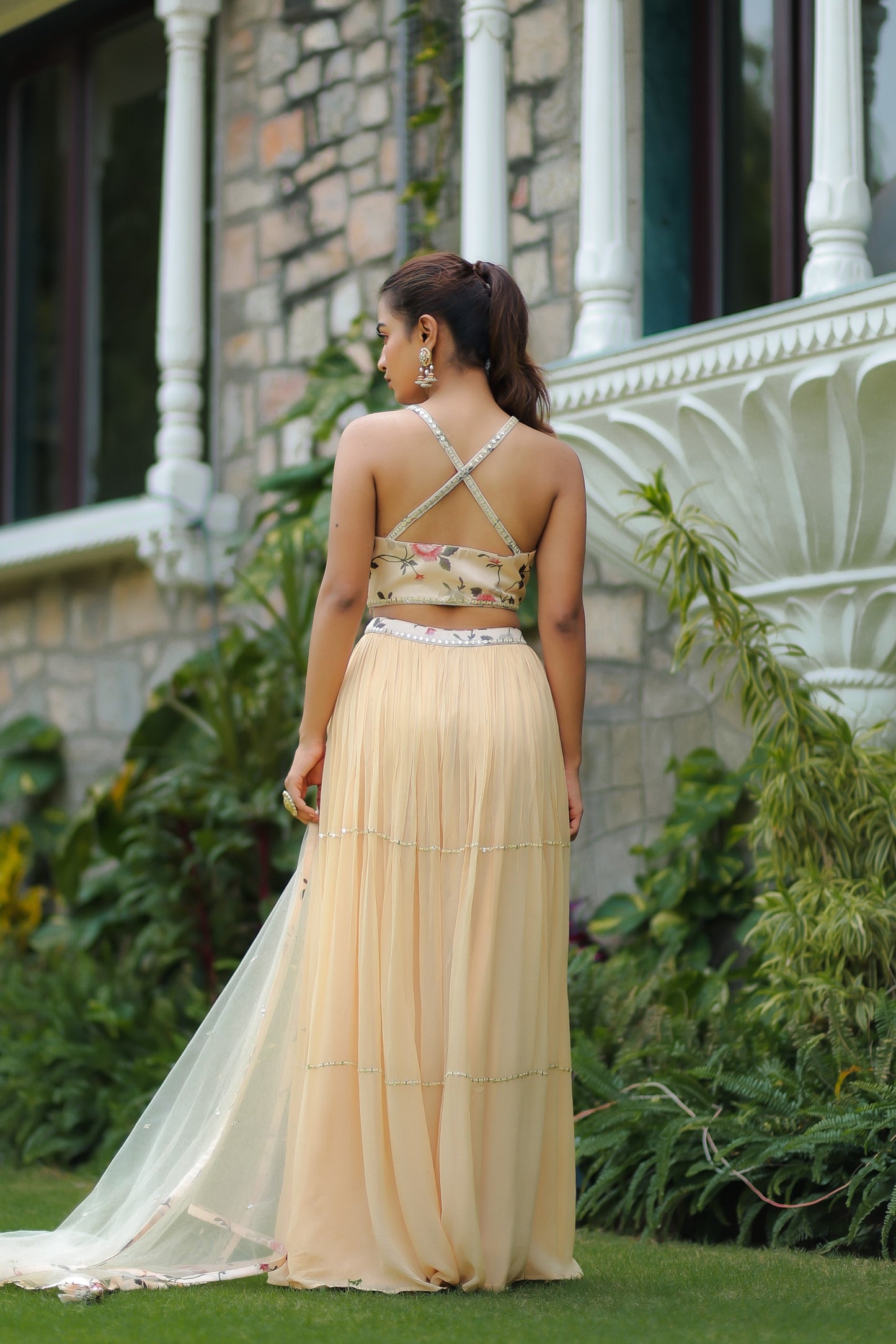 Light Beige Colour Floral Printed Halter Neck Sharara Set