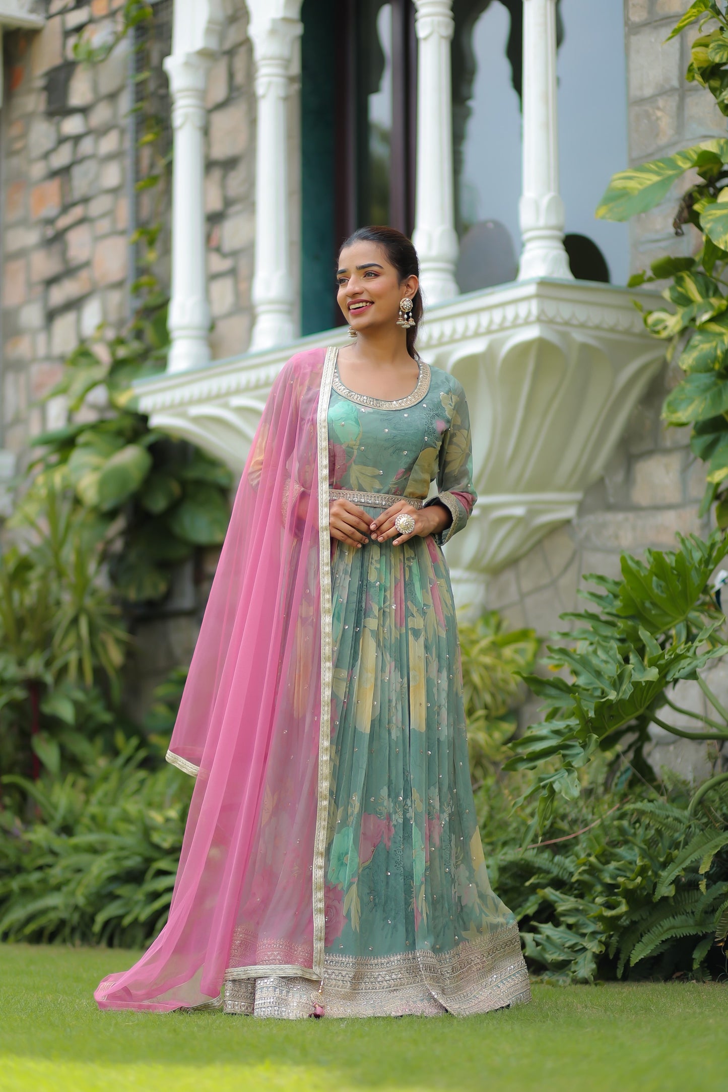 Sap Green Floral Printed Anarkali Set With Belt