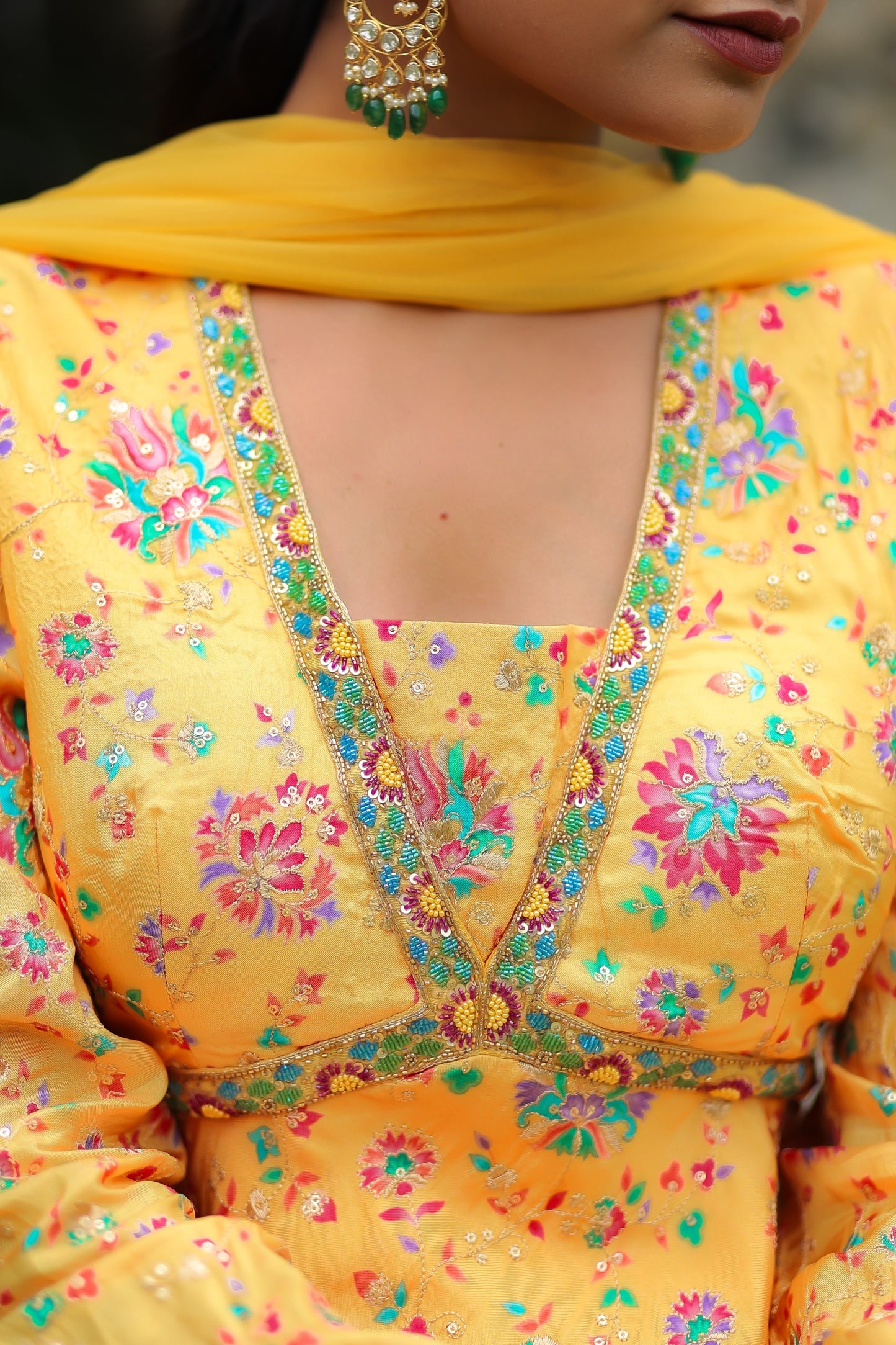 Chrome Yellow Dola Silk Floral Printed Peplum Top Set With Embellishments