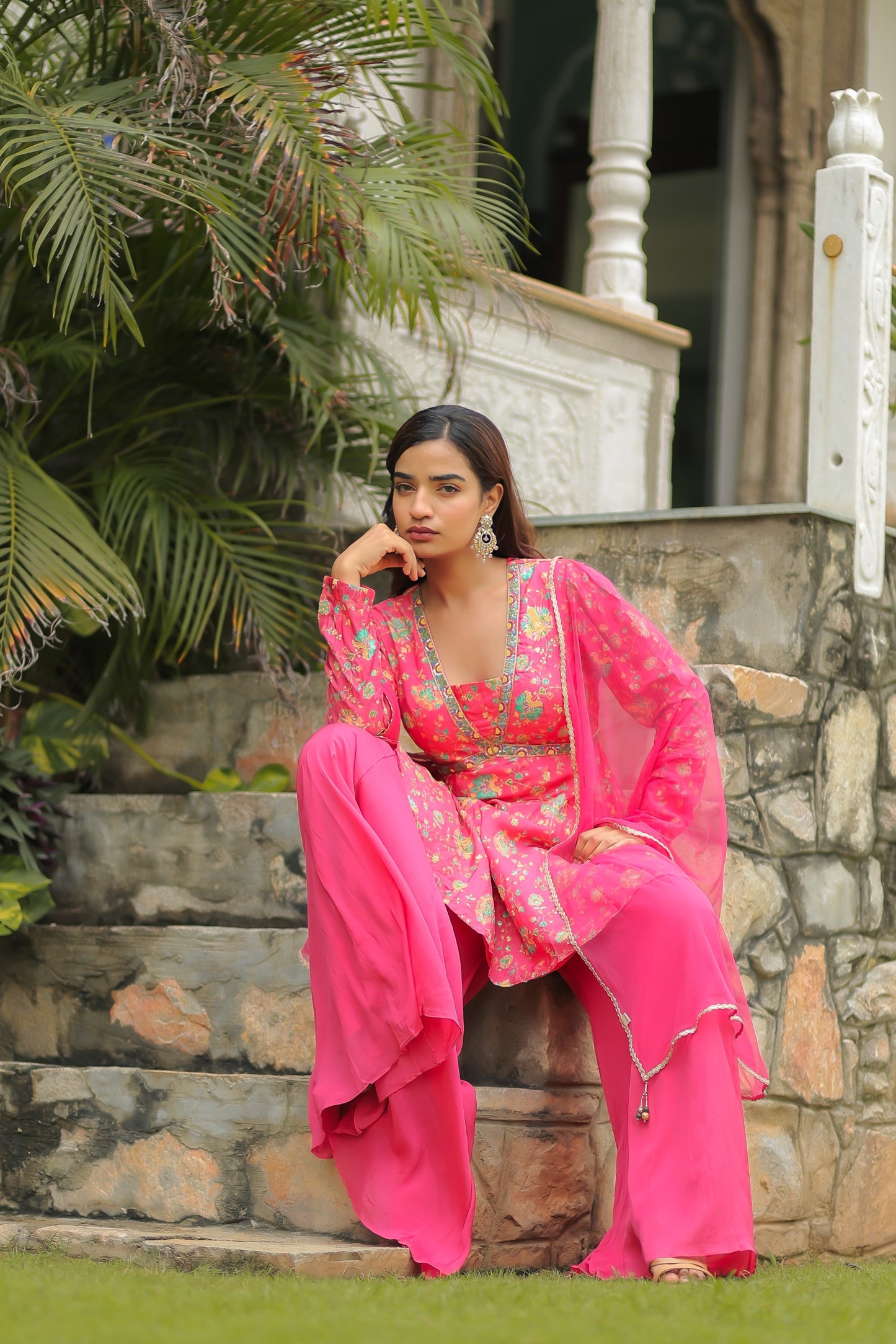 Pink Dola Silk Floral Printed Peplum Top Set With Embellishments