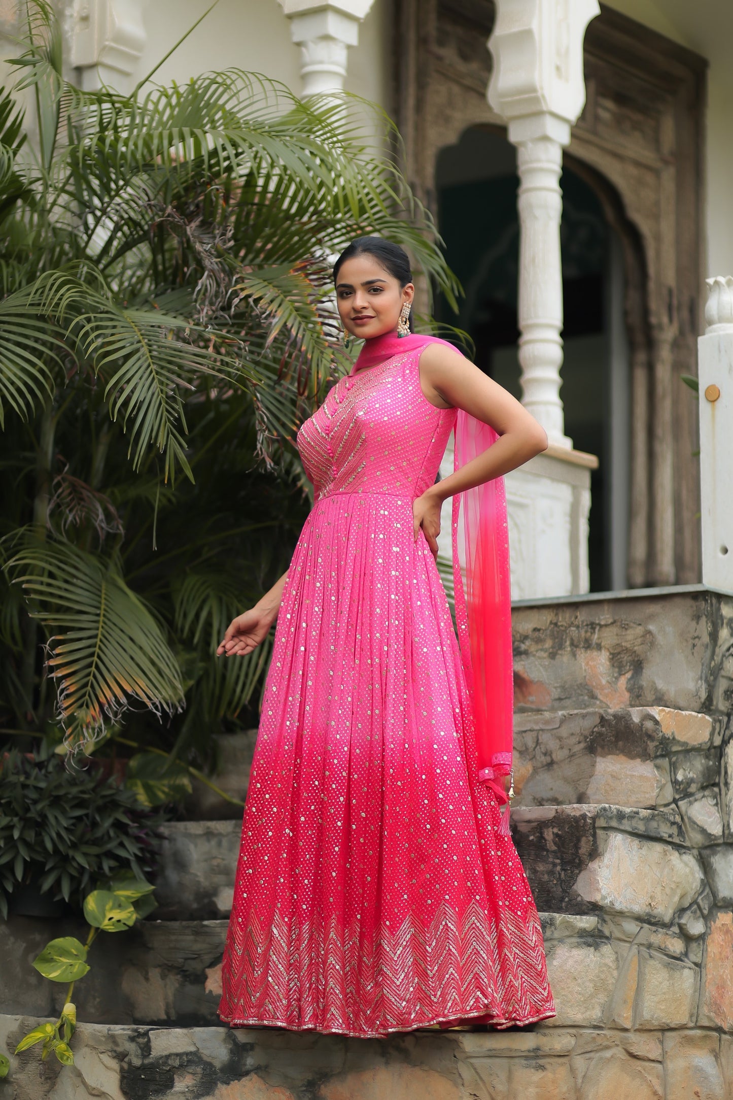 Ombre Pink Georgette Anarkali Set With Embellishments