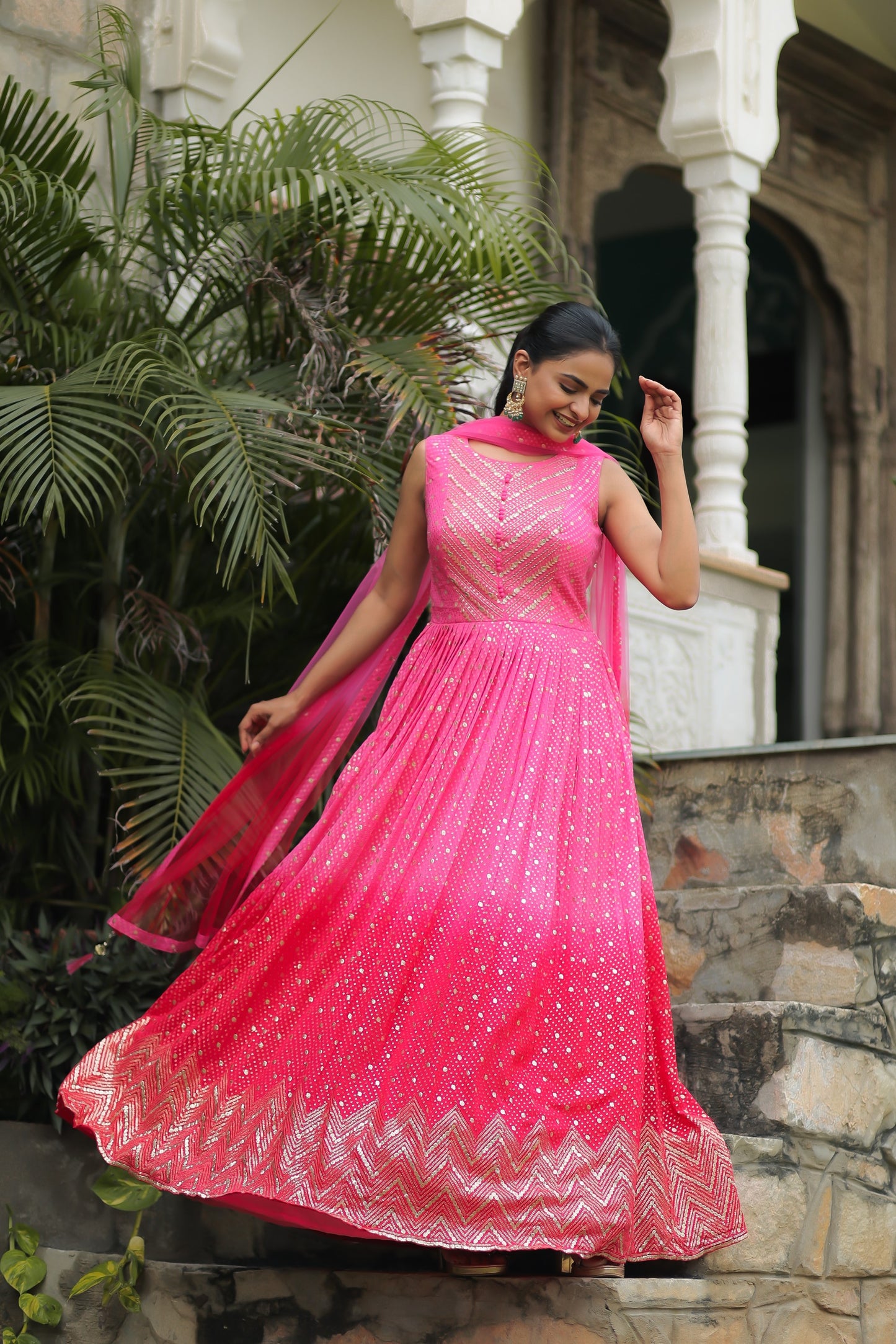 Ombre Pink Georgette Anarkali Set With Embellishments