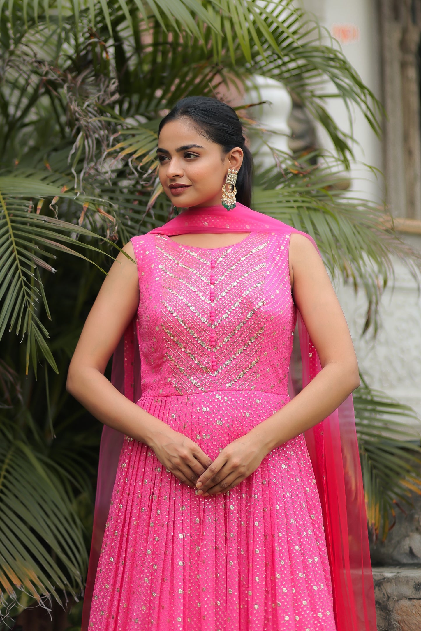 Ombre Pink Georgette Anarkali Set With Embellishments