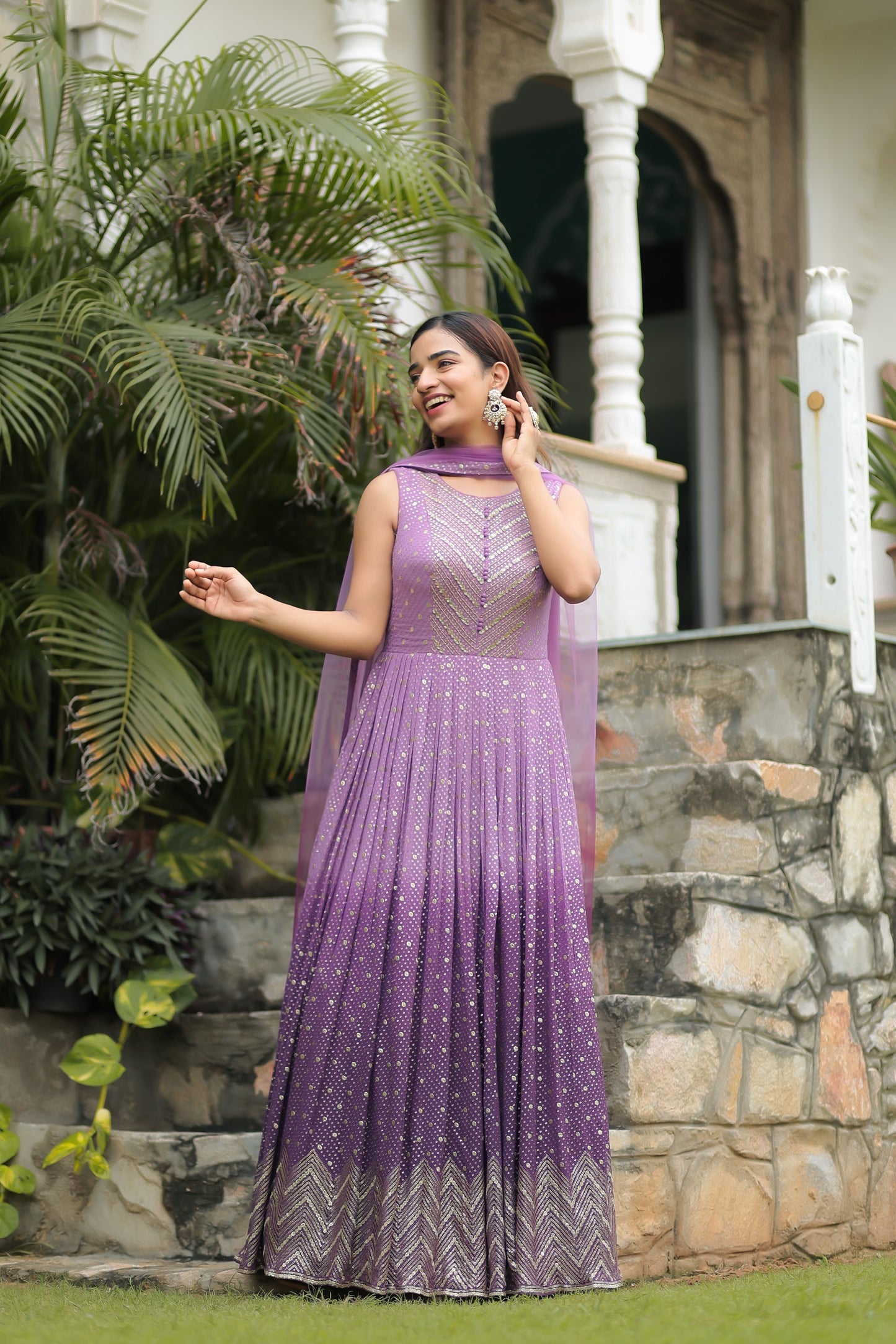 Ombre Purple Georgette Anarkali Set With Embellishments