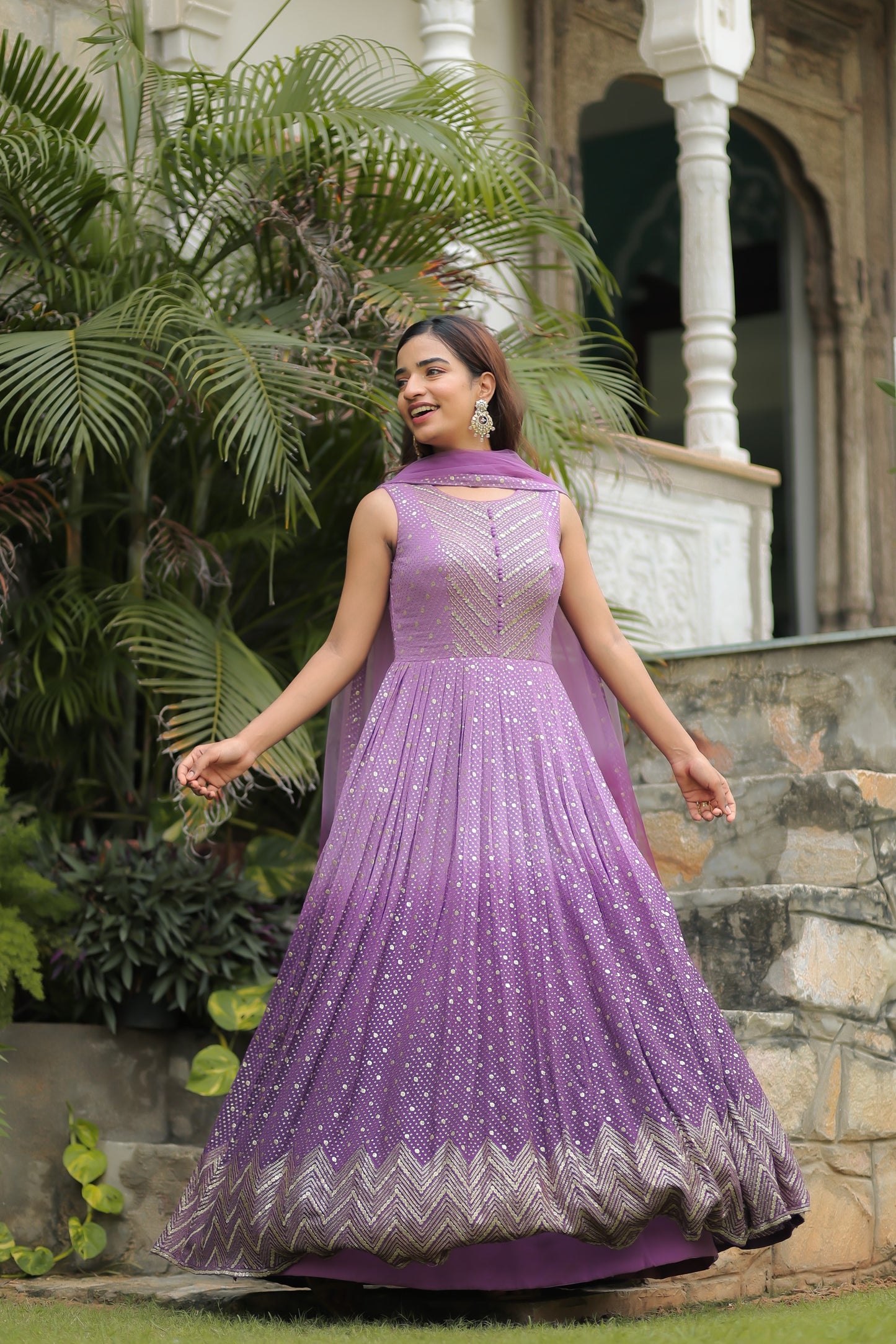 Ombre Purple Georgette Anarkali Set With Embellishments