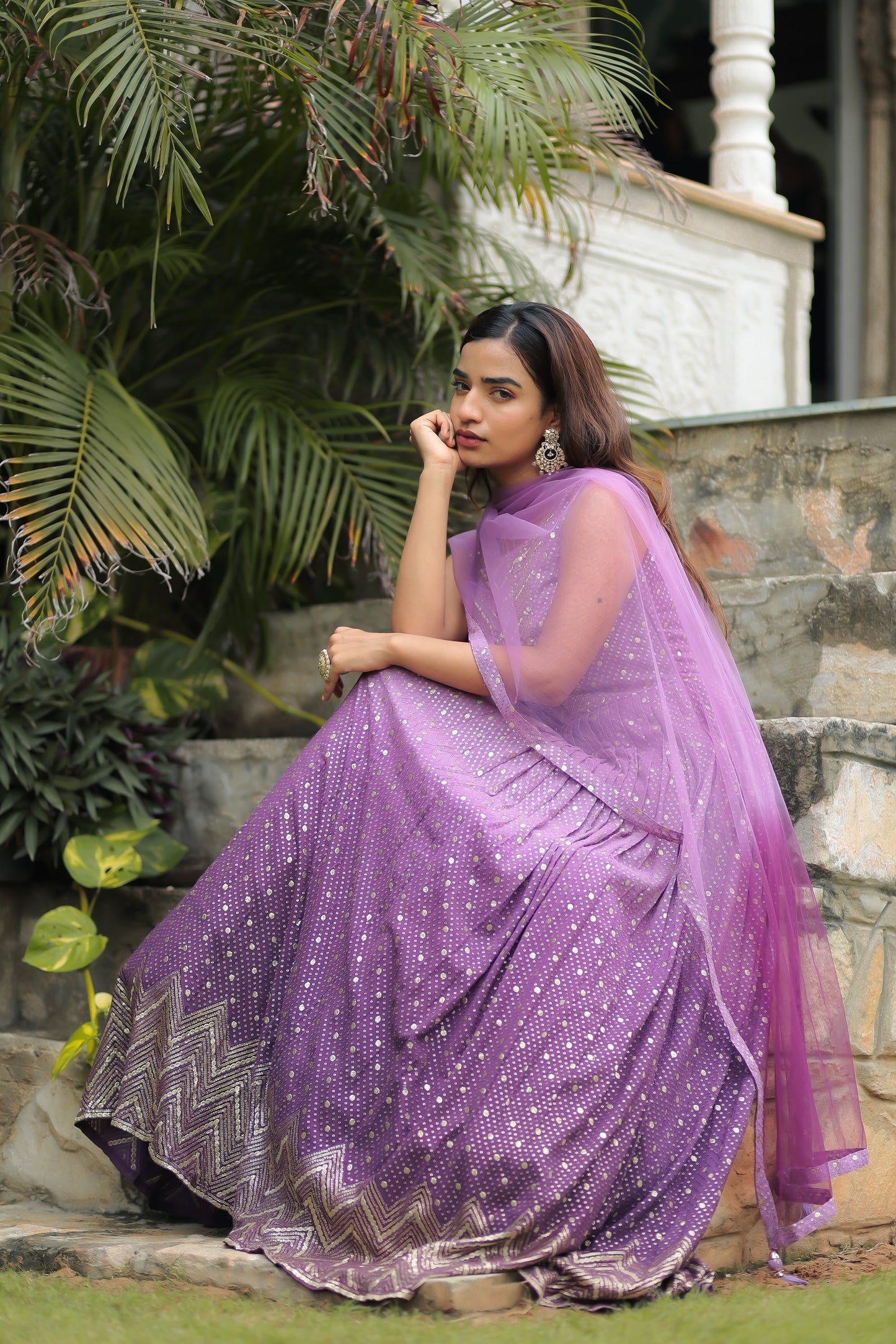Ombre Purple Georgette Anarkali Set With Embellishments