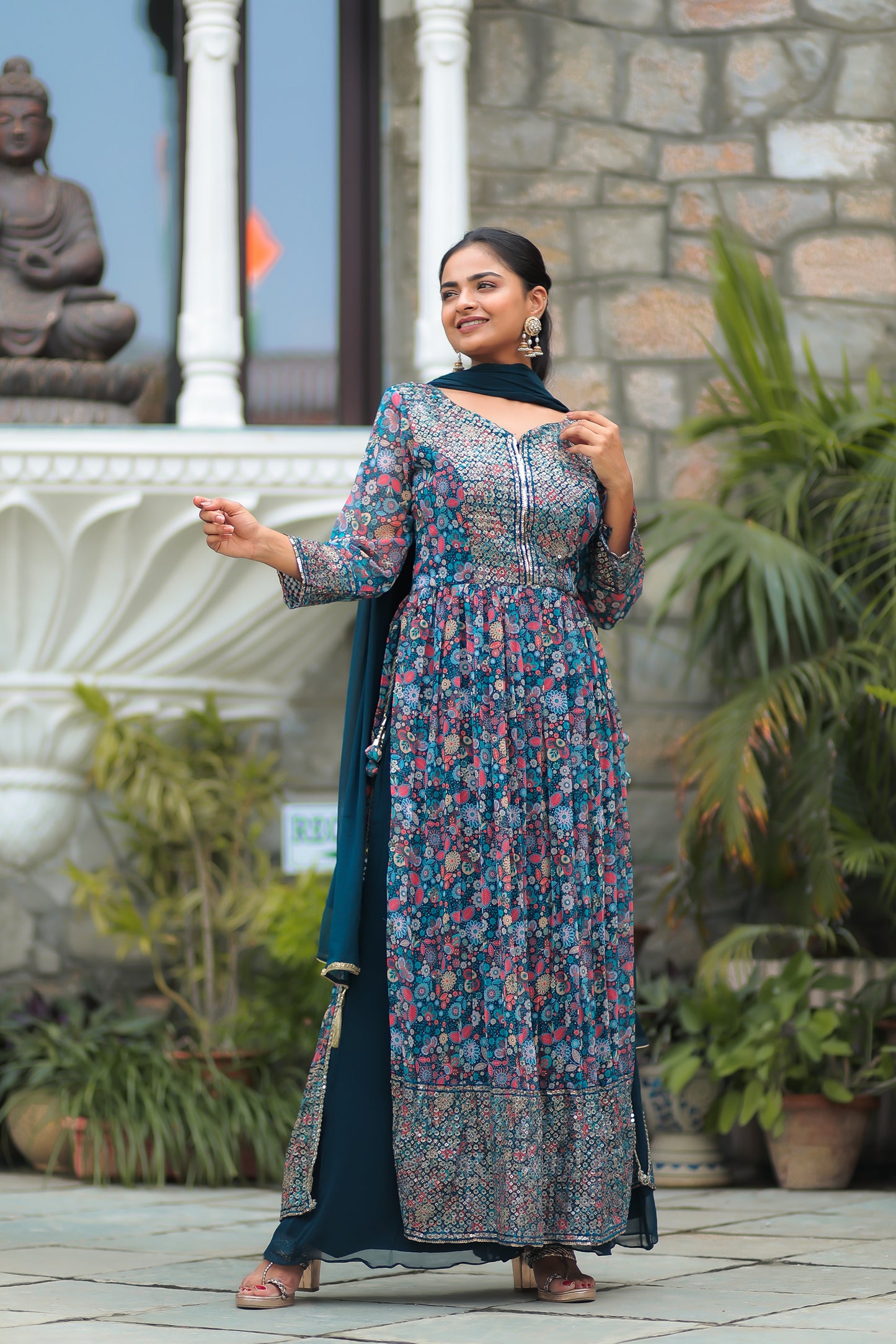 Ocean Blue Floral Printed Georgette Side Slit Kurta With Plazzo And Dupatta