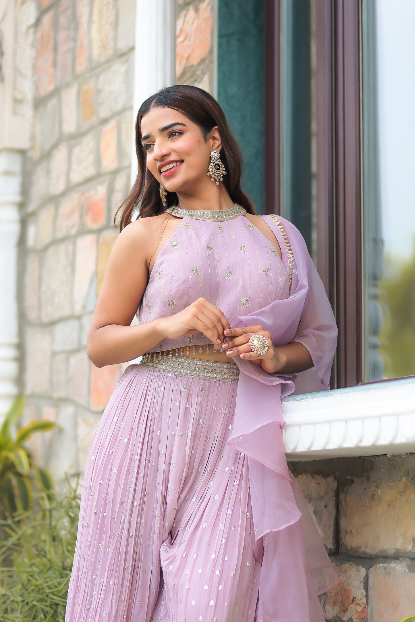 Light Purple Halter Neck Crop Top With Plazzo And Dupatta