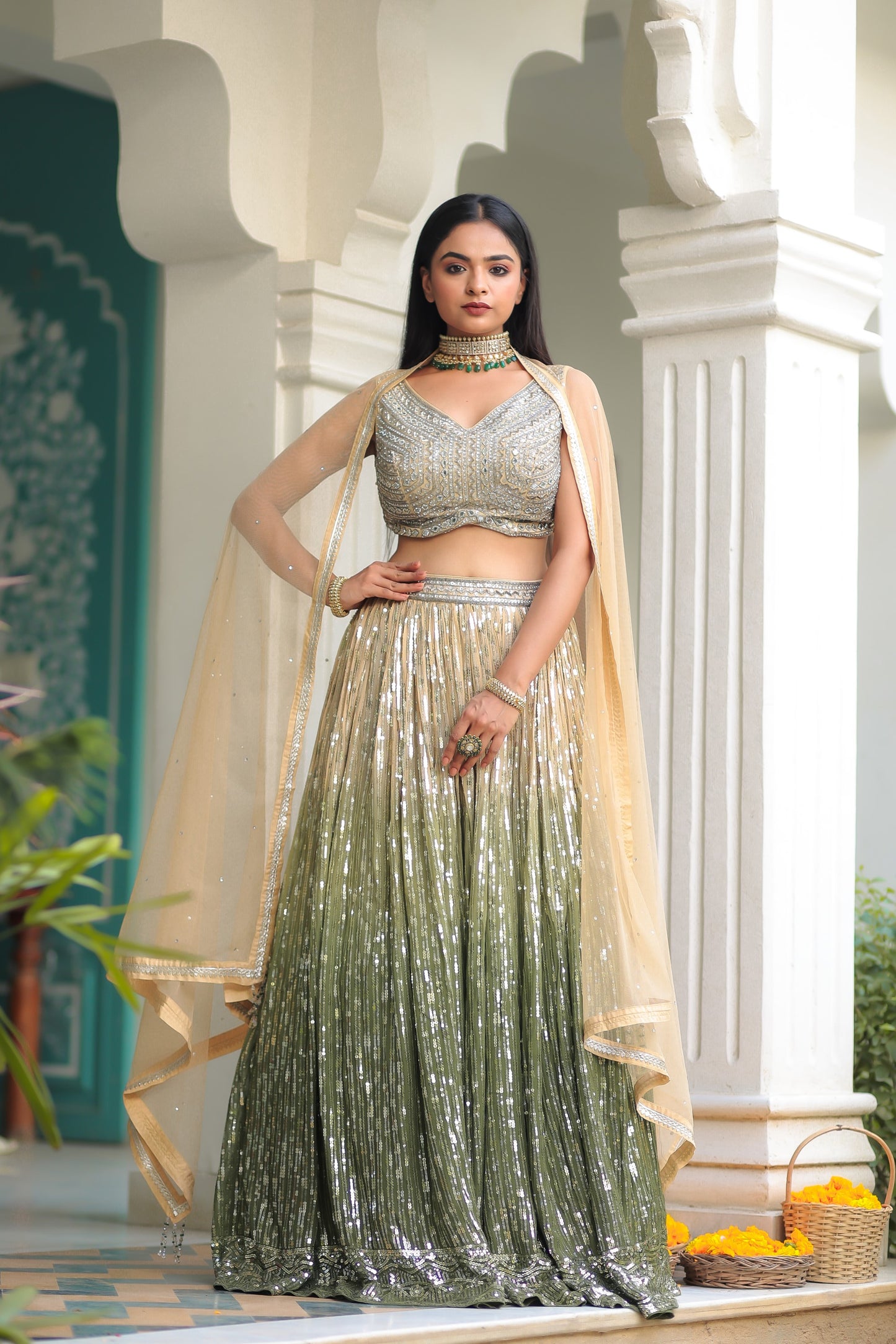 Beige And Green Shaded Sequnis Skirt With Crop Top And Dupatta