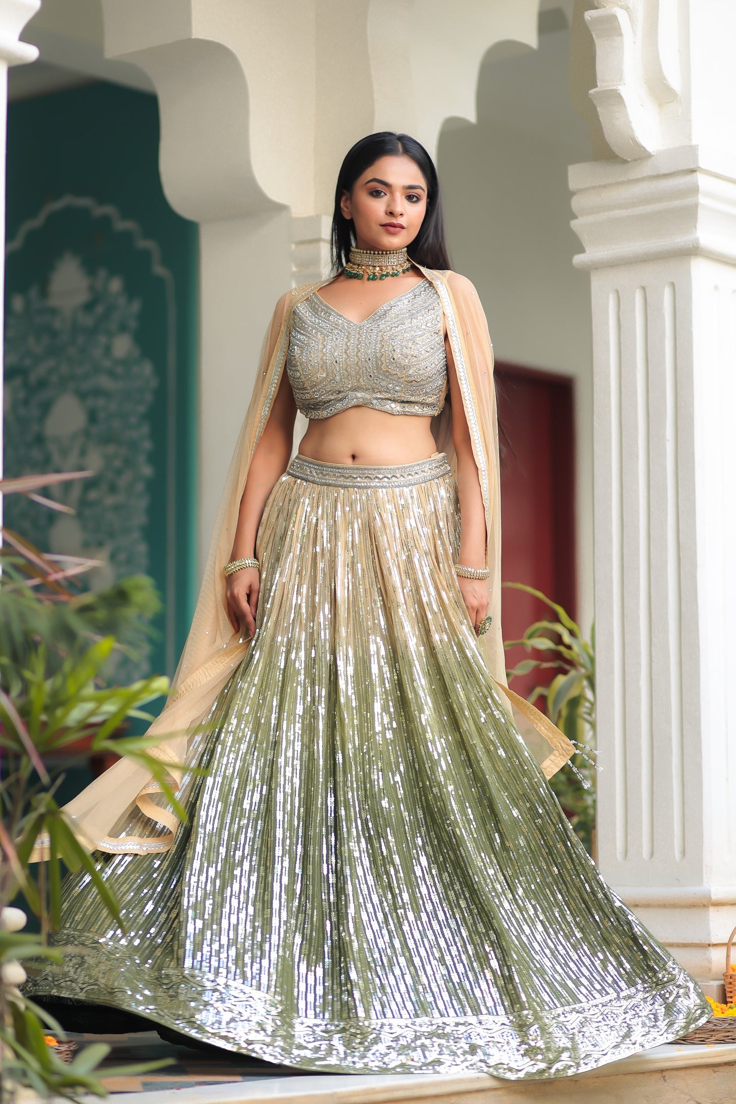 Beige And Green Shaded Sequnis Skirt With Crop Top And Dupatta