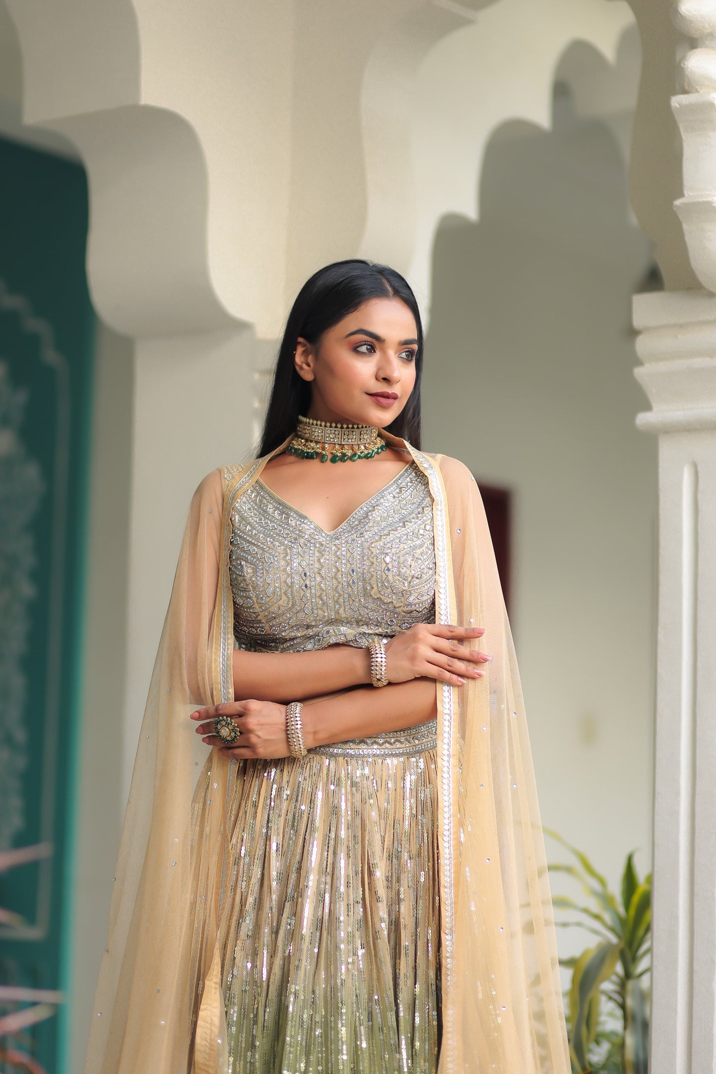 Beige And Green Shaded Sequnis Skirt With Crop Top And Dupatta