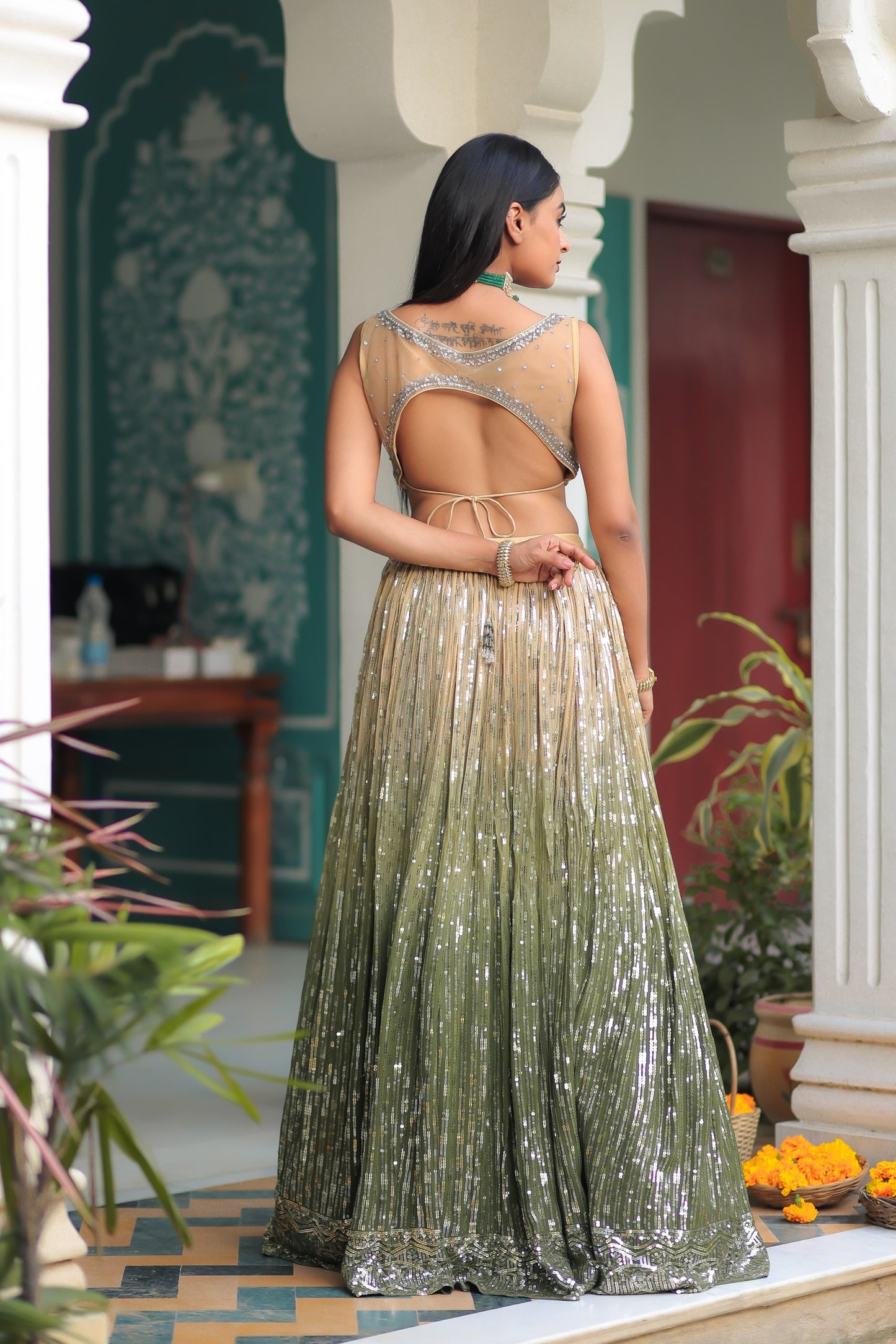 Beige And Green Shaded Sequnis Skirt With Crop Top And Dupatta