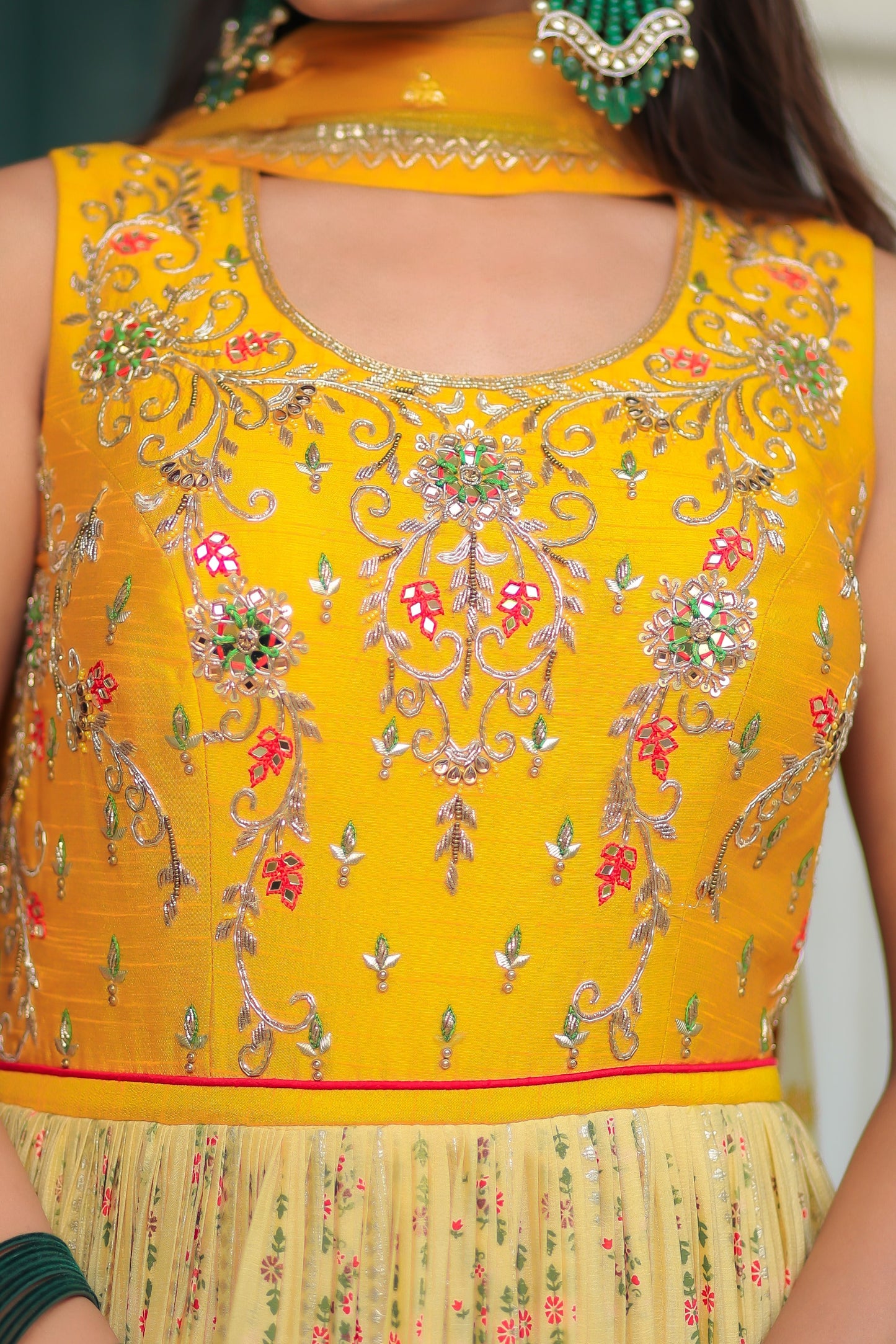 Daffodil Yellow Flowy Dress In Chinon With Floral Print And Embellishment