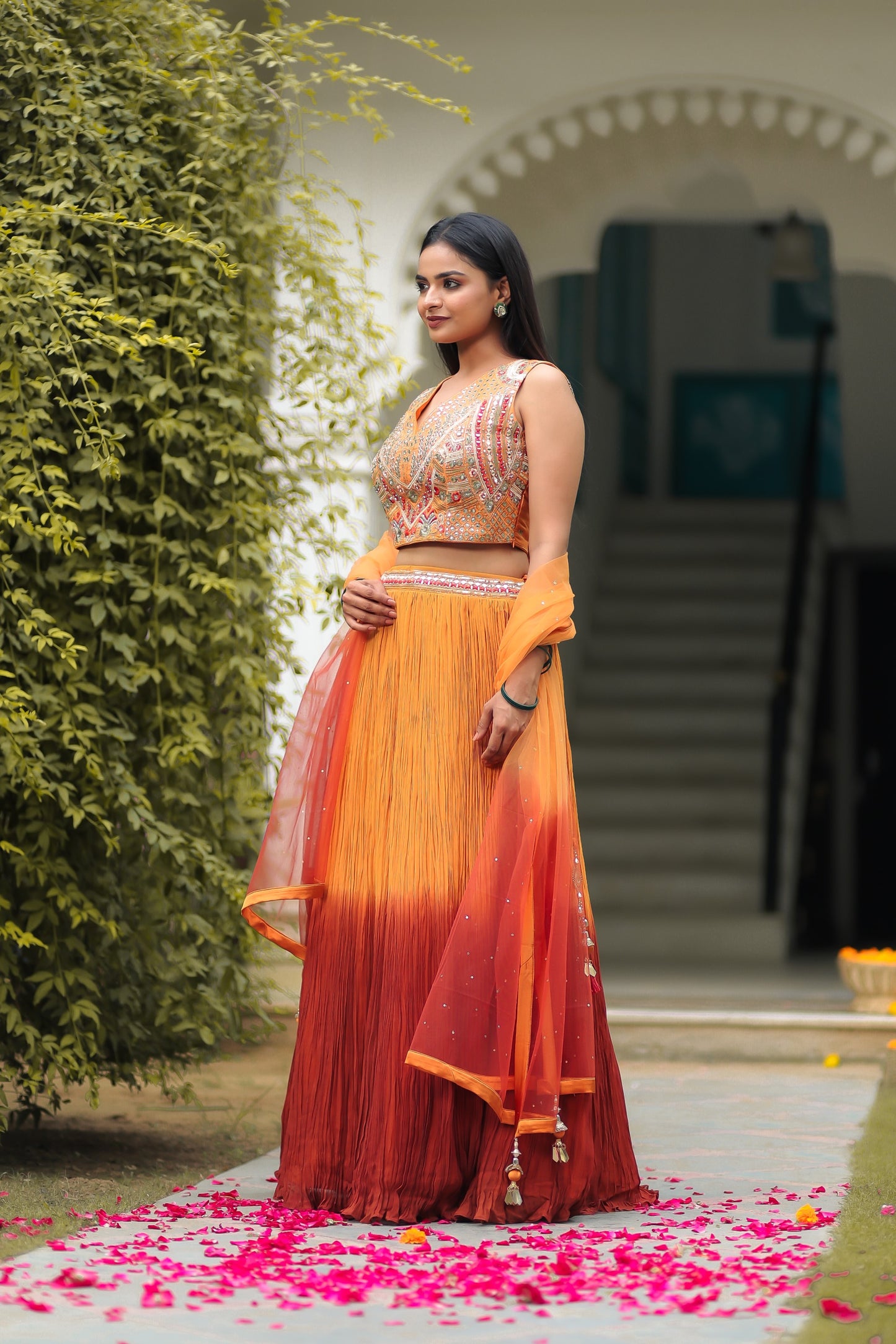 Rust And Fire Orange Shaded Skirt  With Crop Top And Dupatta