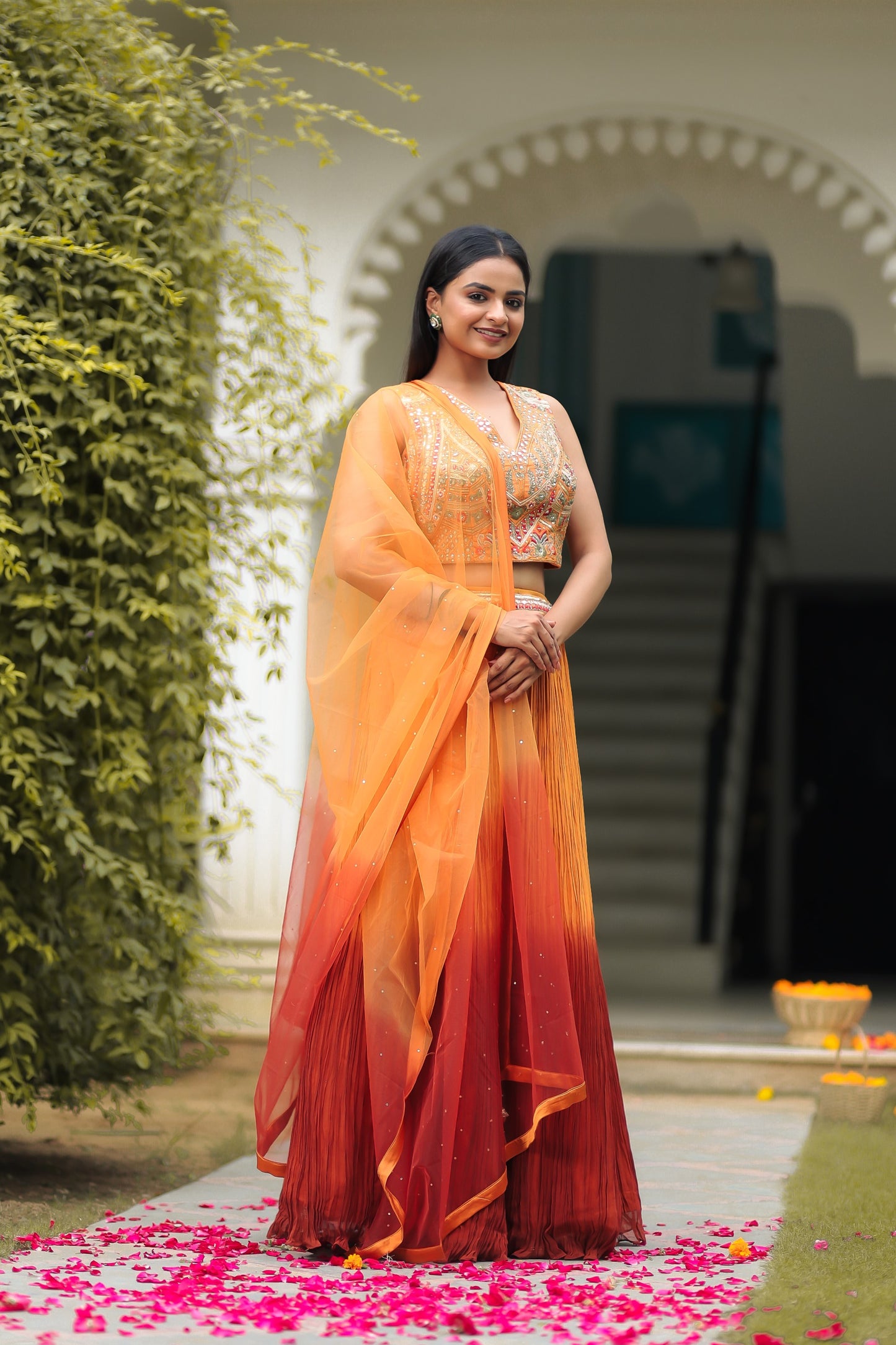 Rust And Fire Orange Shaded Skirt  With Crop Top And Dupatta