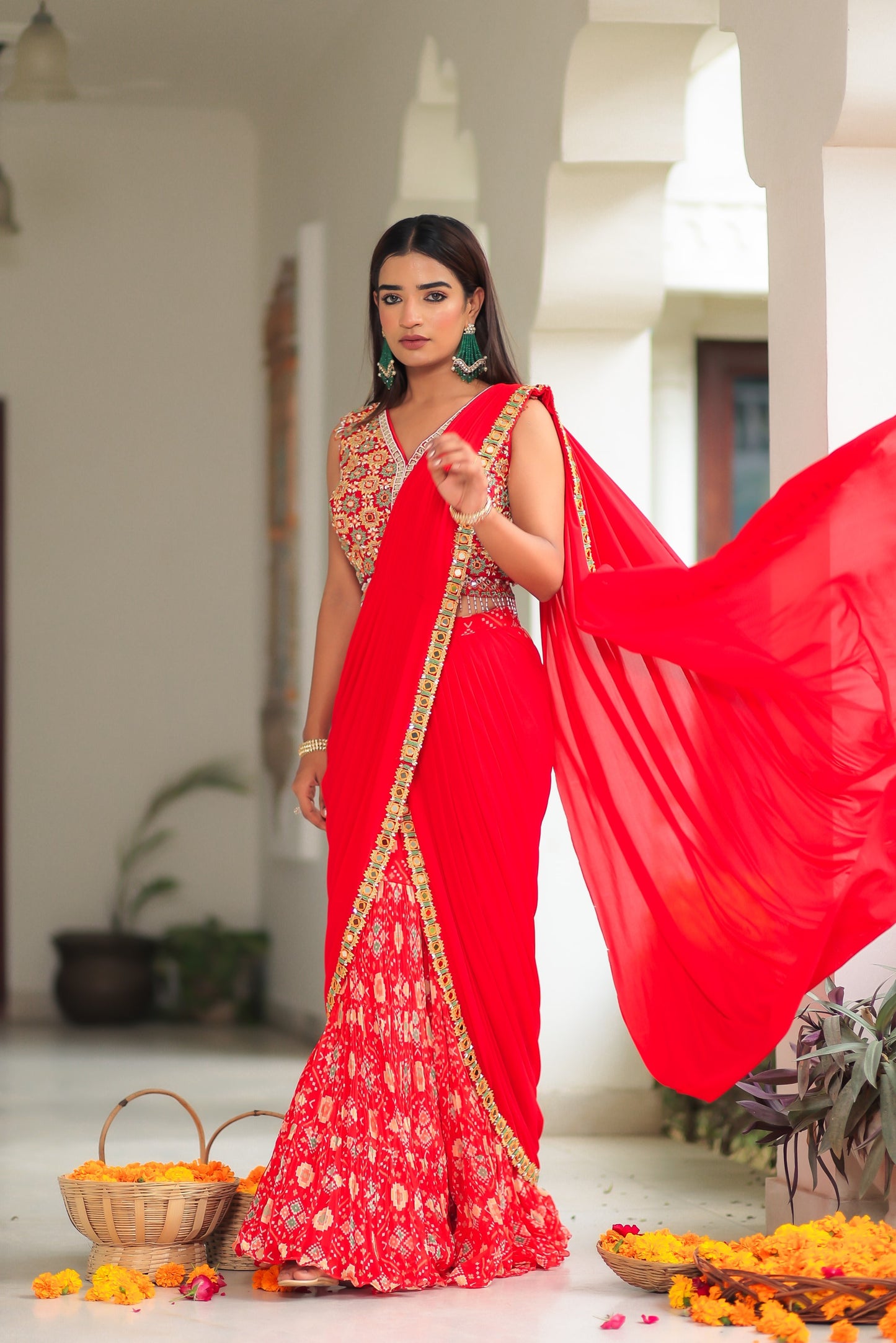 Red Georgette Patola Print Sharara With A Drape And Blouse