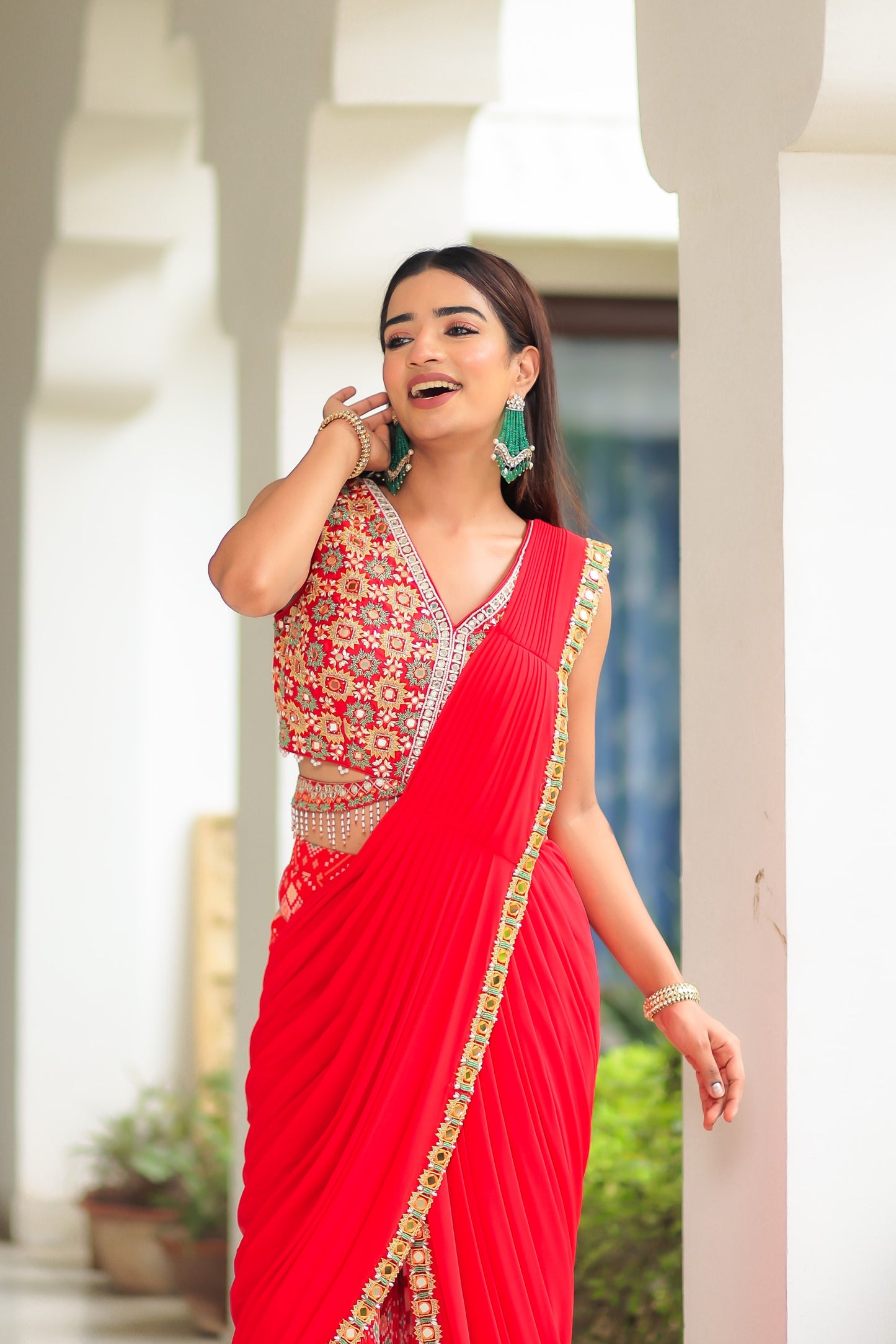 Red Georgette Patola Print Sharara With A Drape And Blouse